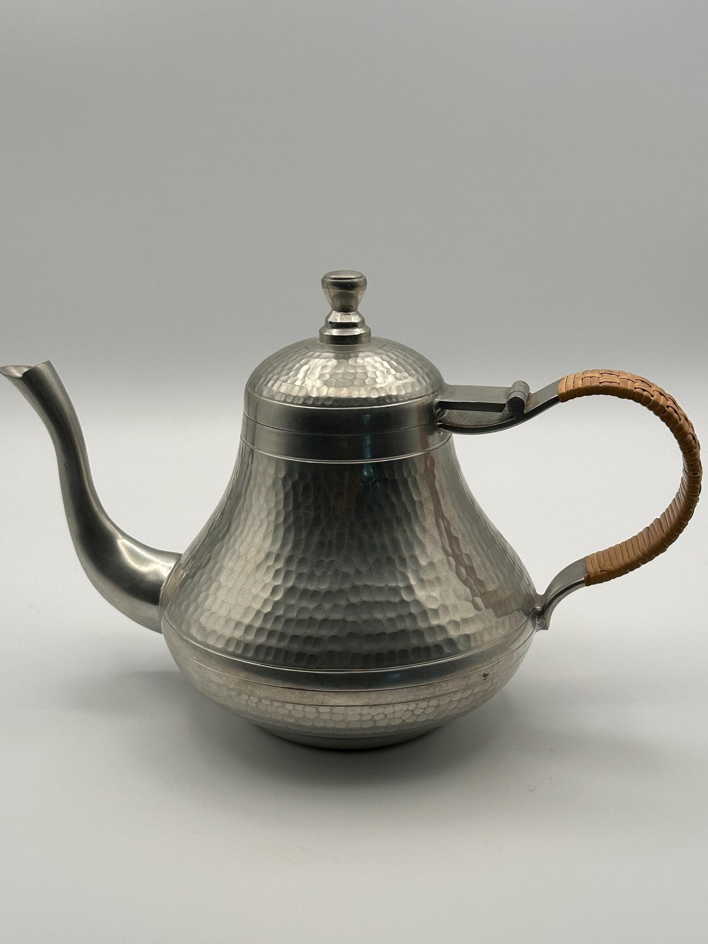 Vintage Hammered Pewter Teapot Woven Rattan Handle Indonesian Mid Century Boho Kitchen Decor Serveware