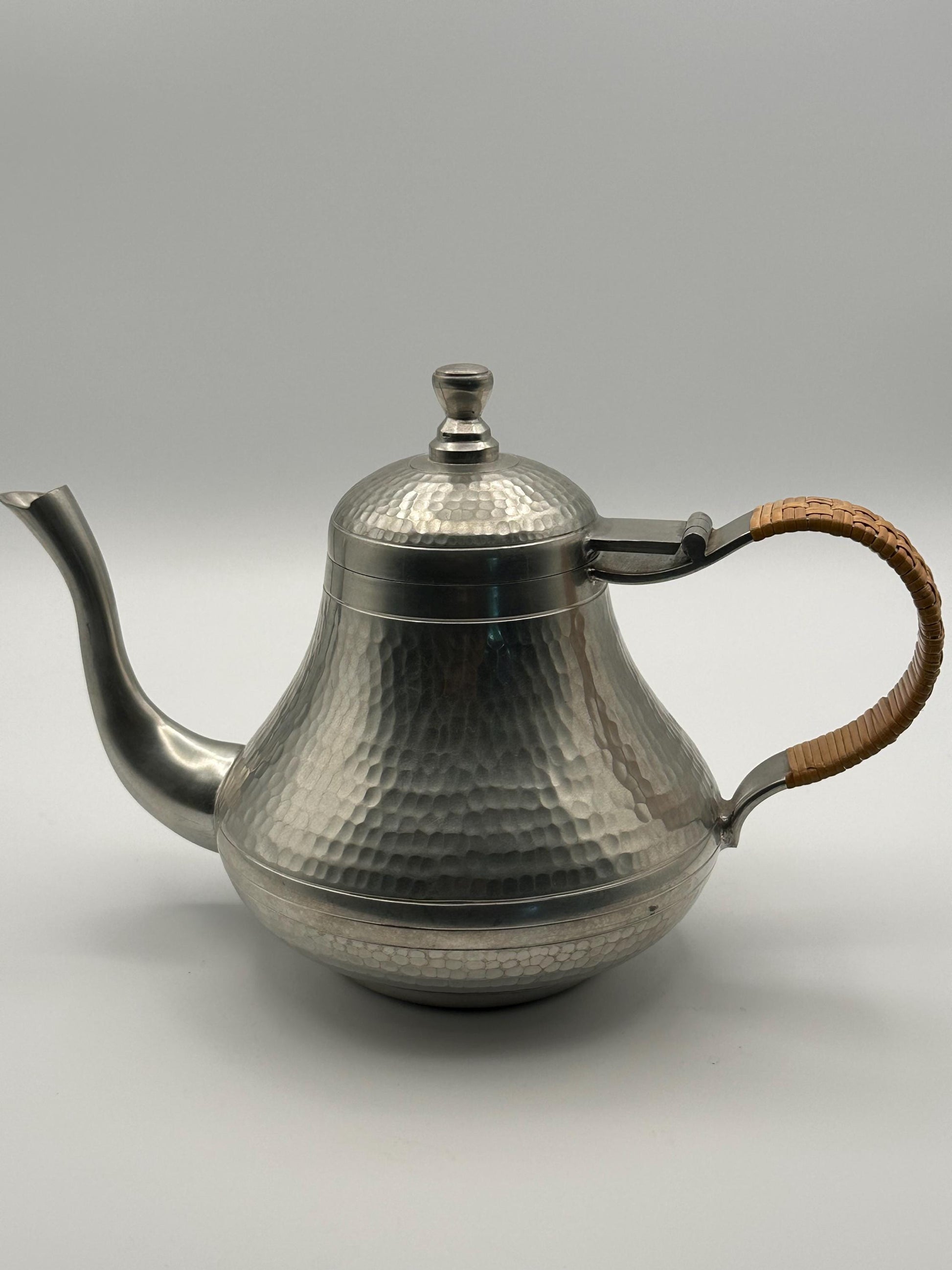 Vintage Hammered Pewter Teapot Woven Rattan Handle Indonesian Mid Century Boho Kitchen Decor Serveware