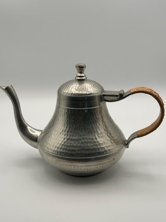 Vintage Hammered Pewter Teapot Woven Rattan Handle Indonesian Mid Century Boho Kitchen Decor Serveware