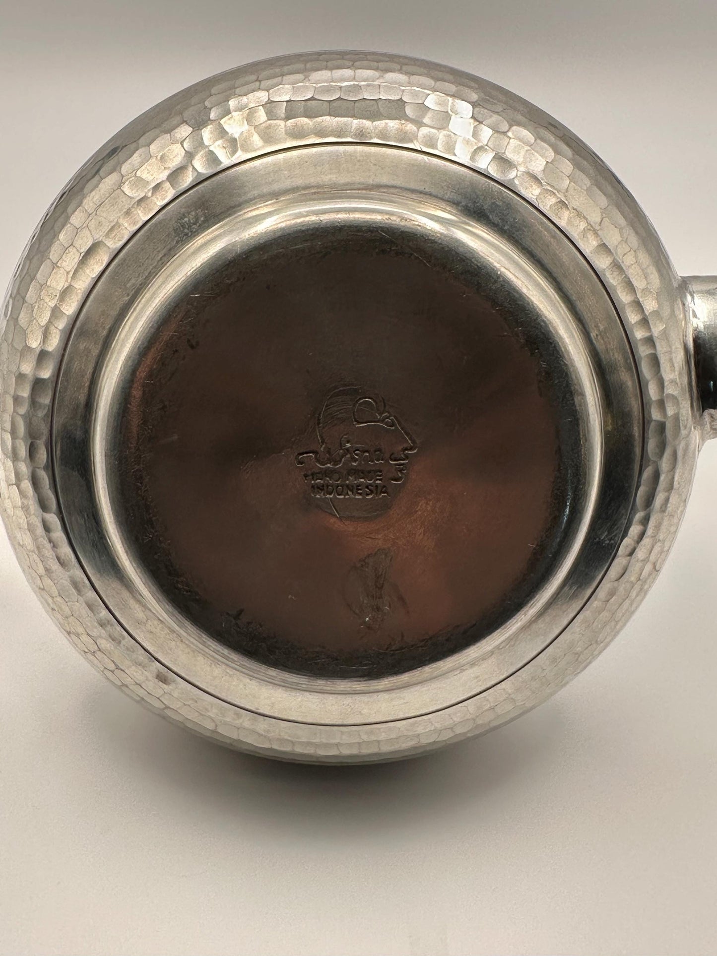 Vintage Hammered Pewter Teapot Woven Rattan Handle Indonesian Mid Century Boho Kitchen Decor Serveware