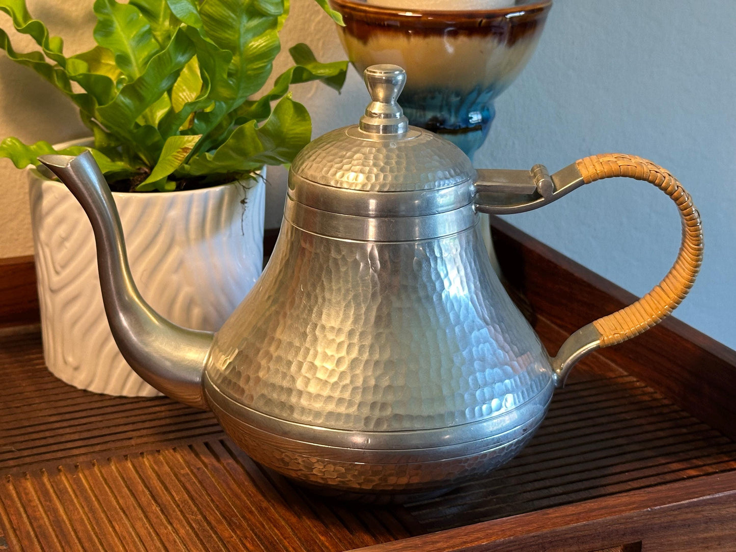 Vintage Hammered Pewter Teapot Woven Rattan Handle Indonesian Mid Century Boho Kitchen Decor Serveware
