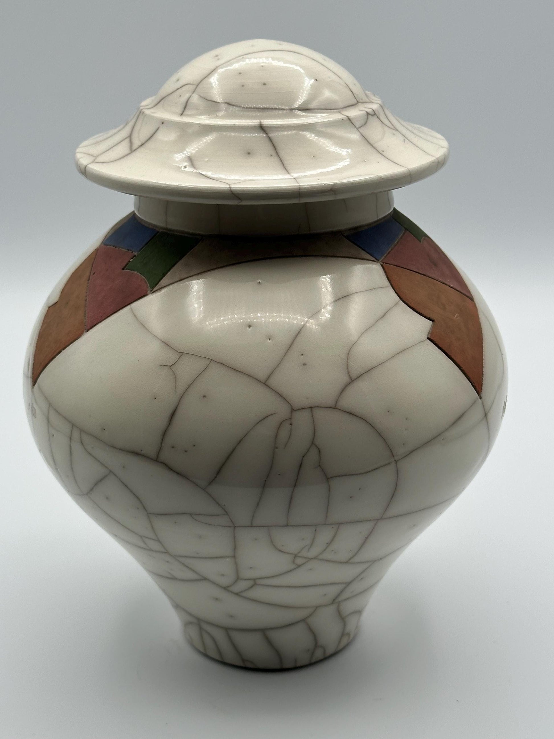 Vintage Raku Pottery Lidded Jar Artist Signed 1986 Crackle Glaze Southwestern Modern Handmade Studio Art Vessel