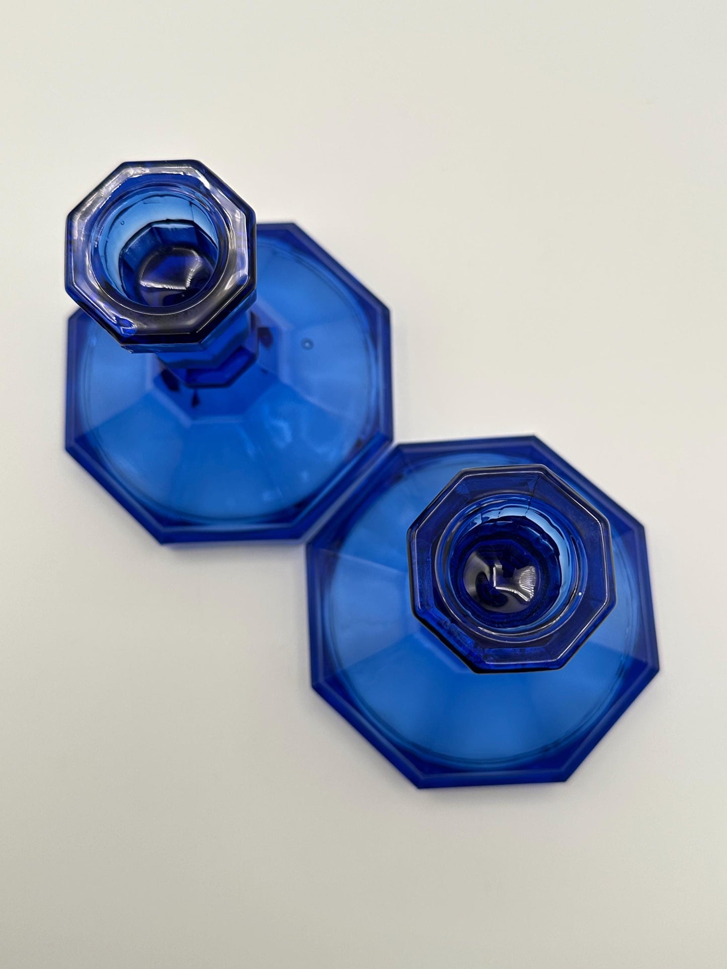 Vintage Cobalt Blue Glass Candle Holders - Art Deco Pressed Geometric Octagon Candlesticks Pair