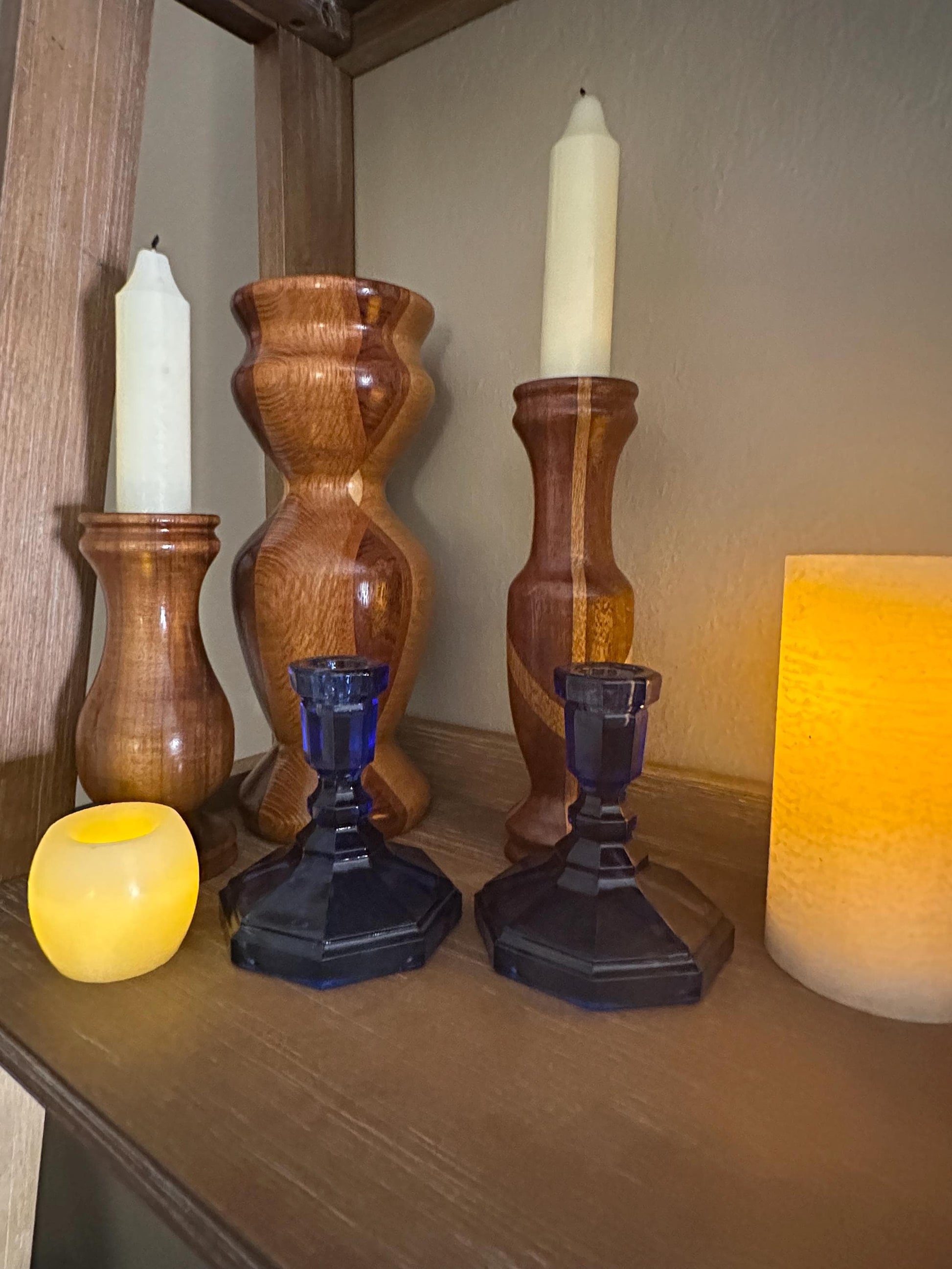 Vintage Cobalt Blue Glass Candle Holders - Art Deco Pressed Geometric Octagon Candlesticks Pair