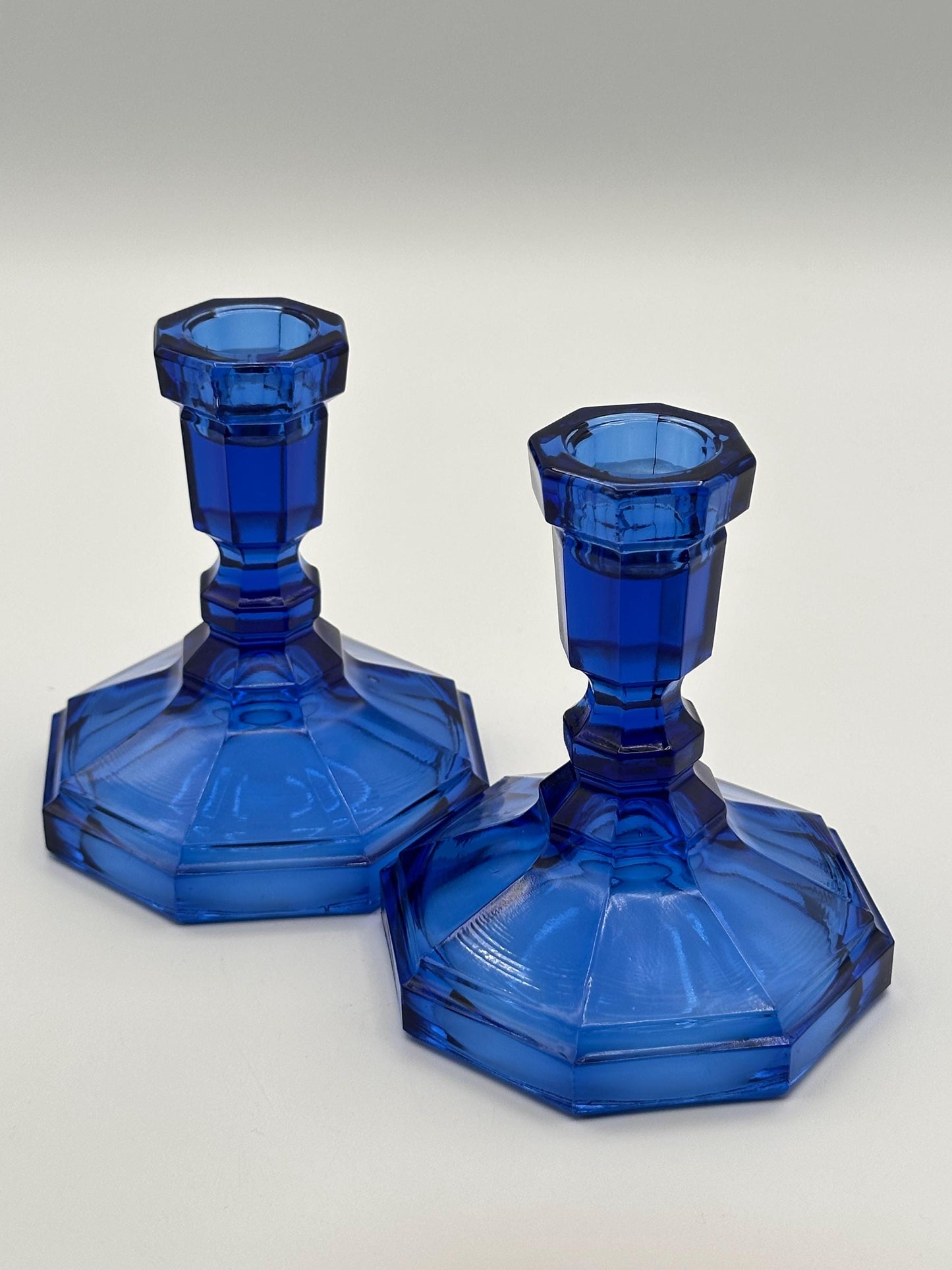 Vintage Cobalt Blue Glass Candle Holders - Art Deco Pressed Geometric Octagon Candlesticks Pair