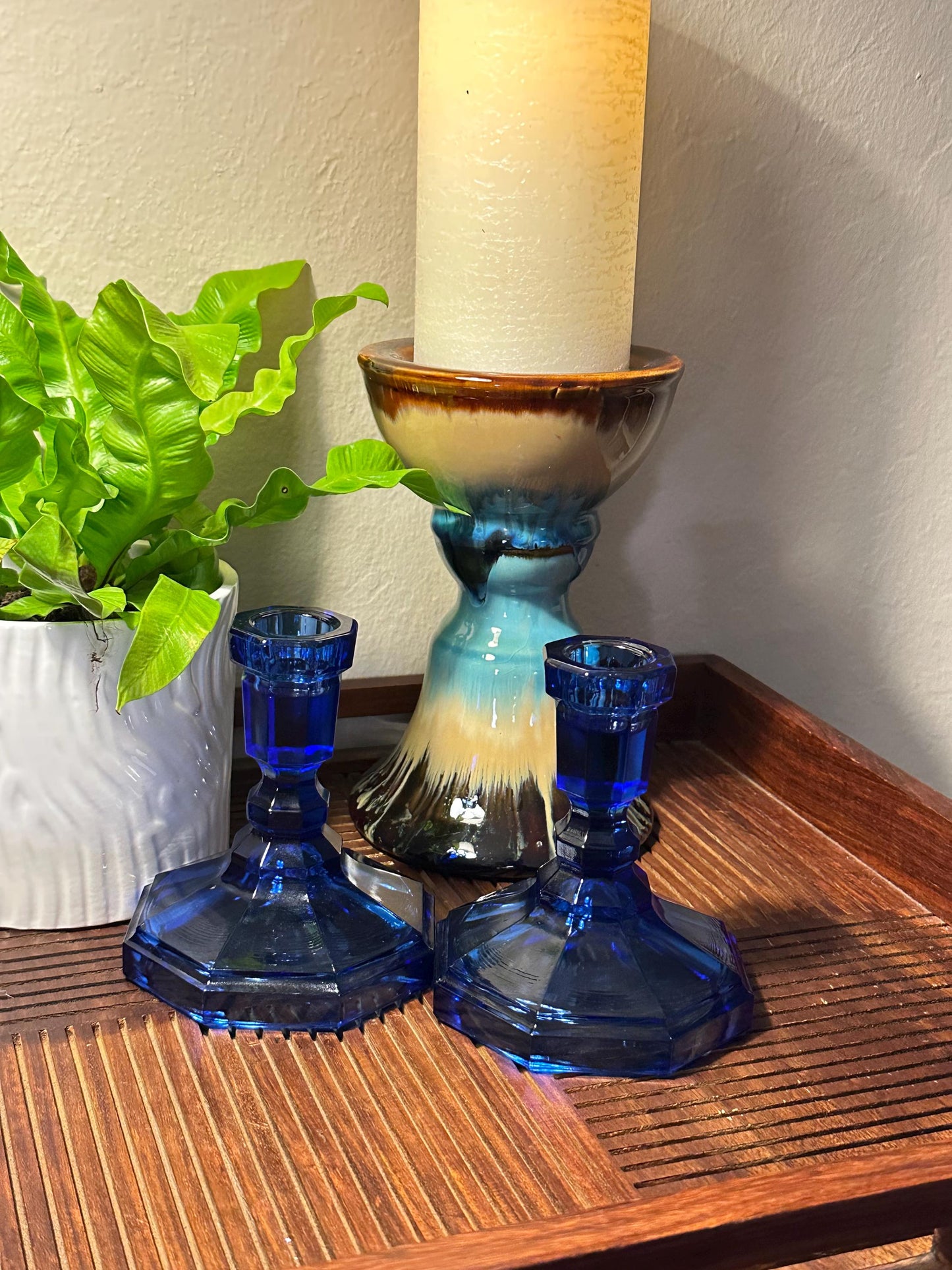 Vintage Cobalt Blue Glass Candle Holders - Art Deco Pressed Geometric Octagon Candlesticks Pair