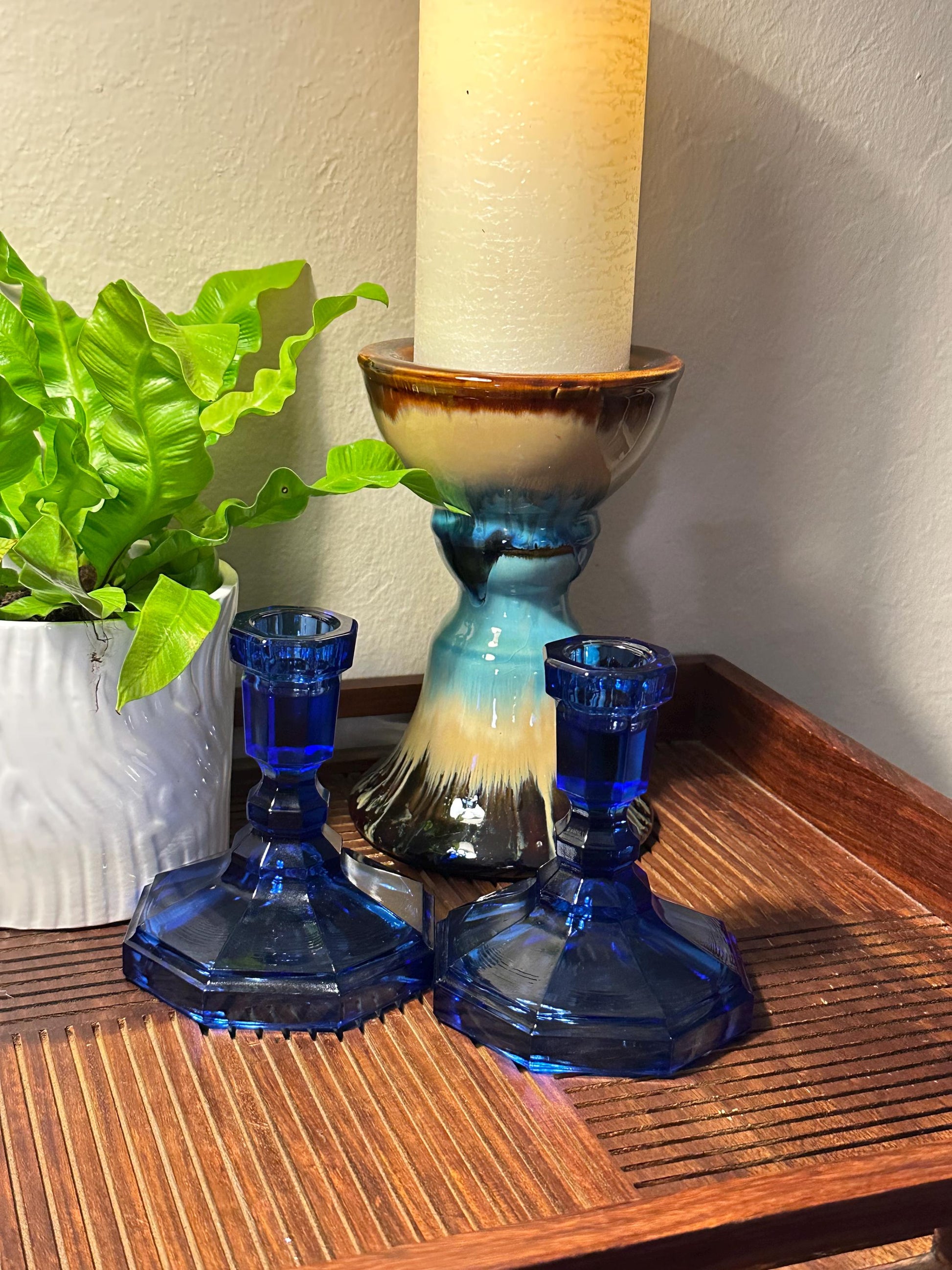 Vintage Cobalt Blue Glass Candle Holders - Art Deco Pressed Geometric Octagon Candlesticks Pair