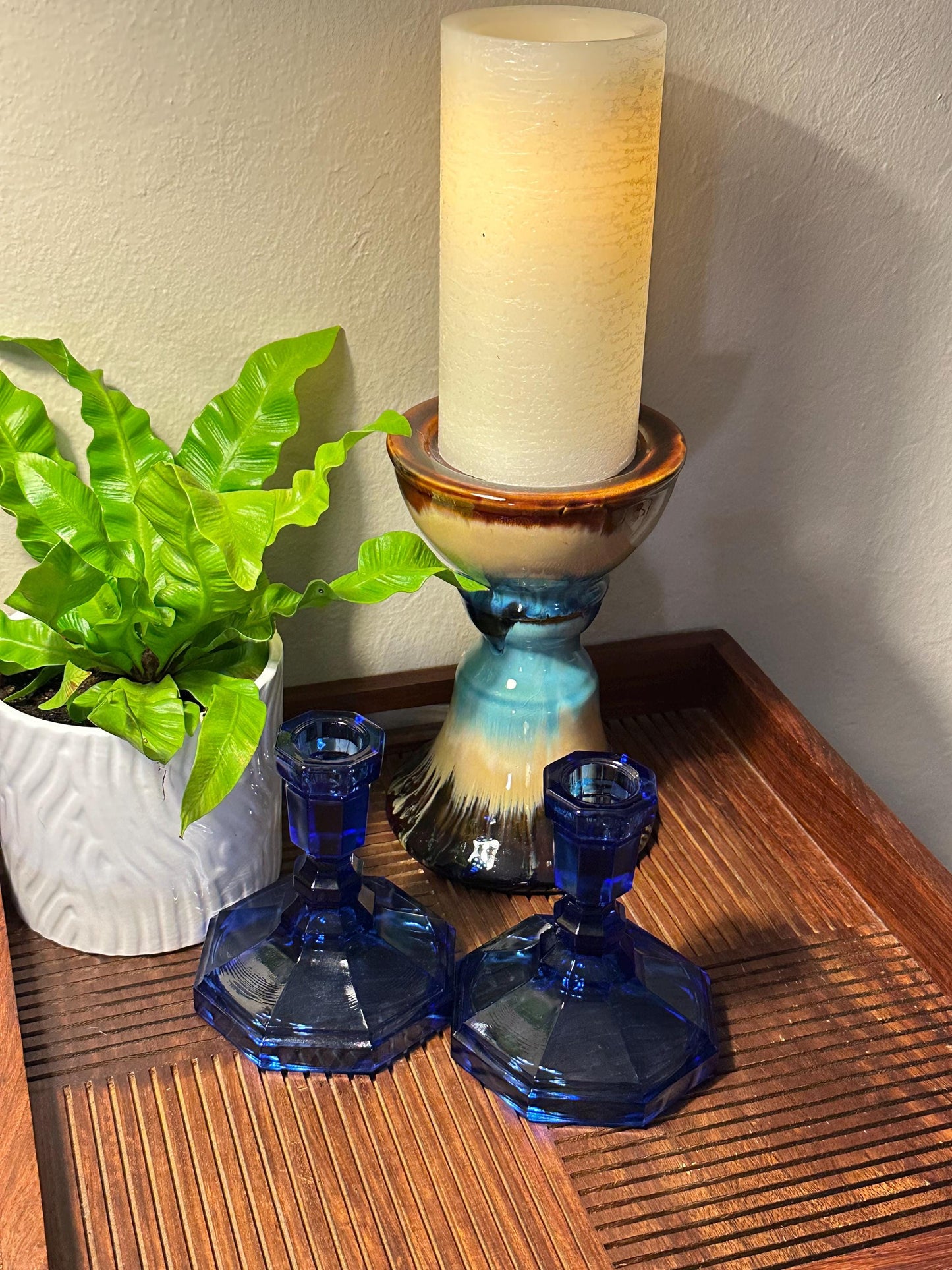 Vintage Cobalt Blue Glass Candle Holders - Art Deco Pressed Geometric Octagon Candlesticks Pair