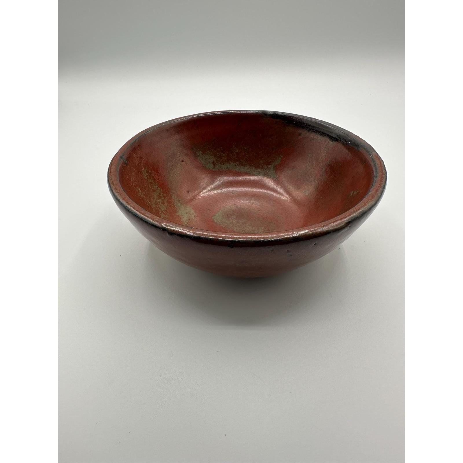 Handcrafted Red Raku Ceramic Bowl Artist Signed Studio Pottery Unique Glaze