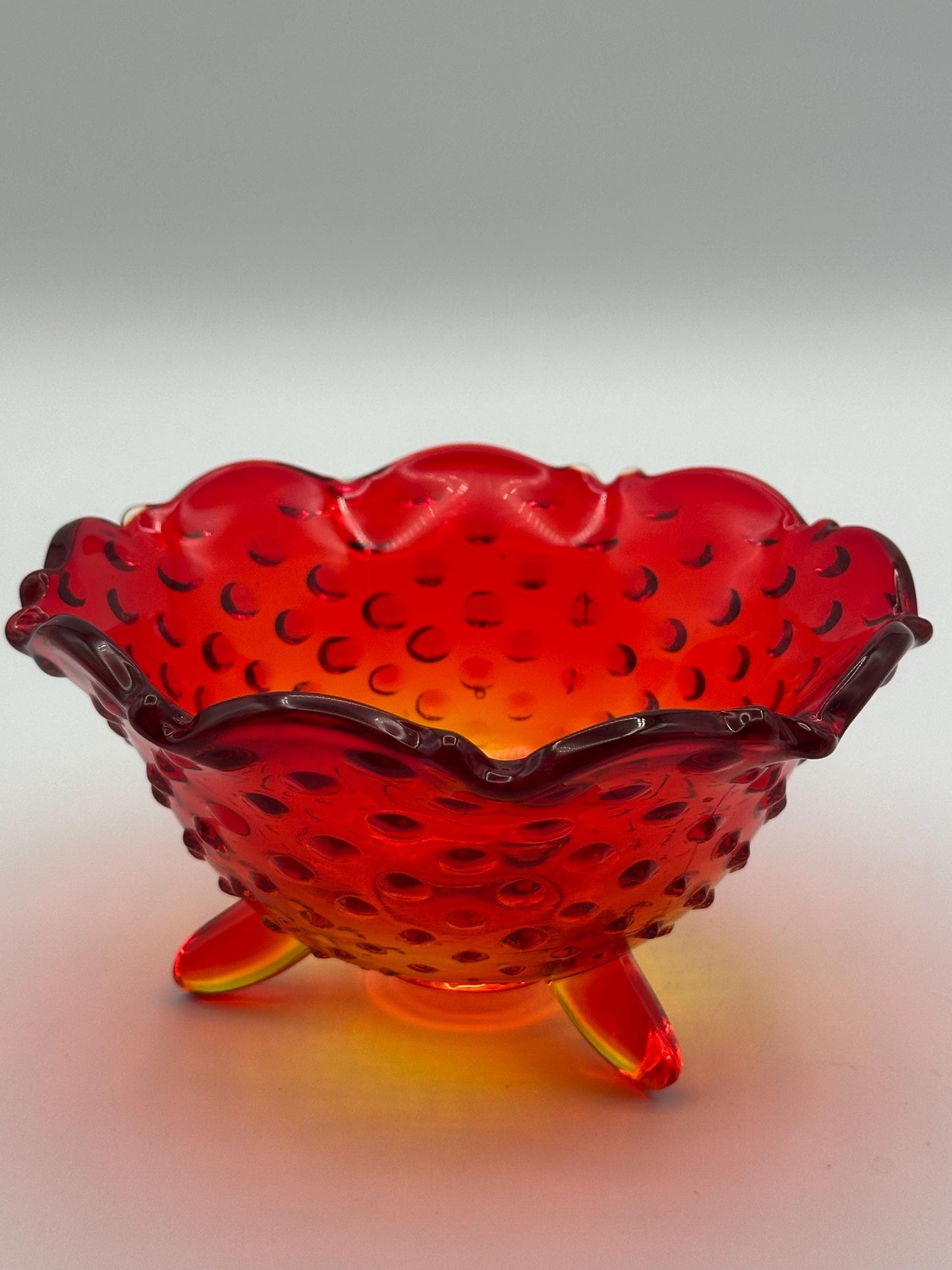 Vintage Fenton Amberina Glass Hobnail Dish 3 Footed Scalloped Edge Collectible