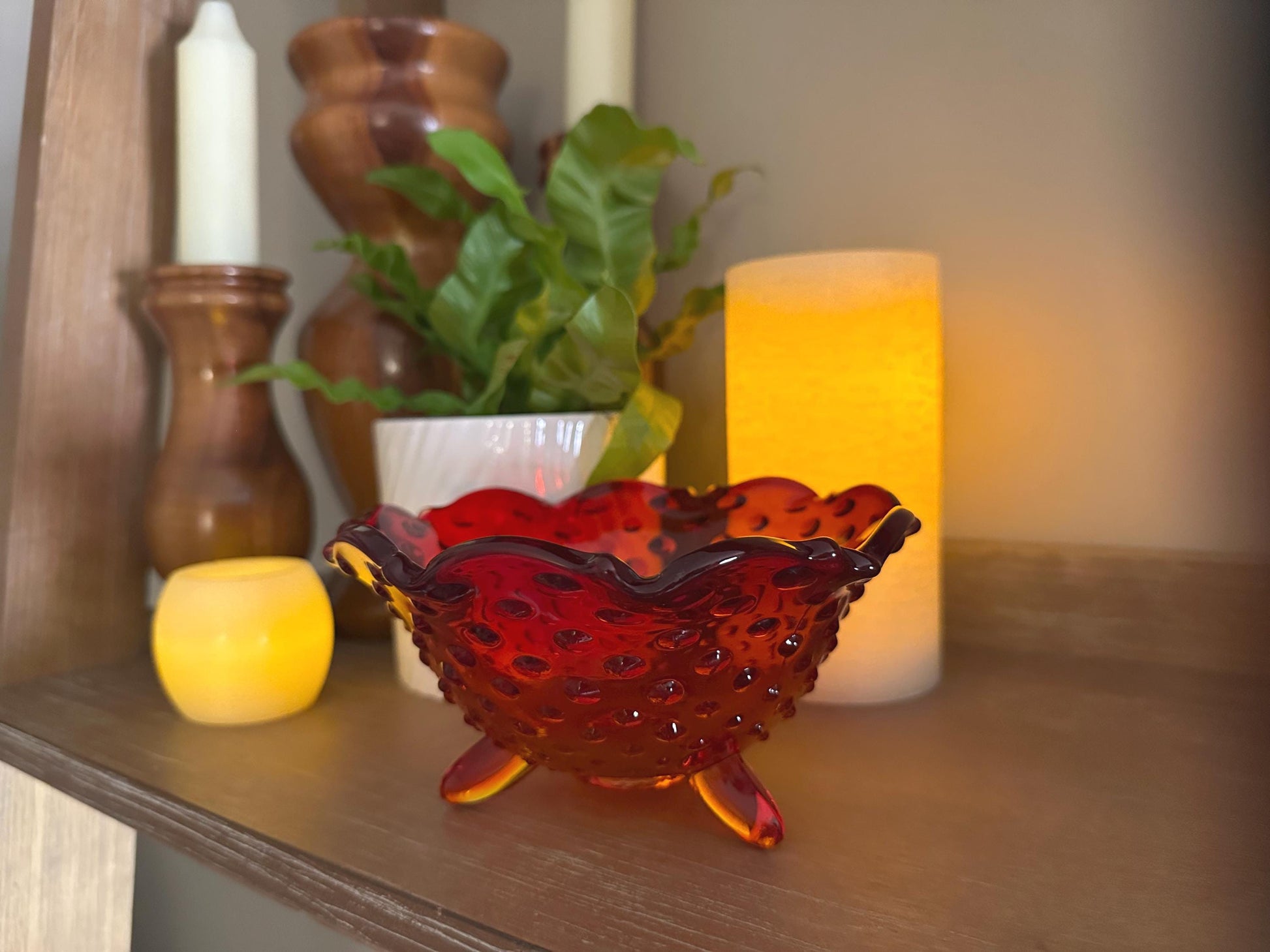 Vintage Fenton Amberina Glass Hobnail Dish 3 Footed Scalloped Edge Collectible