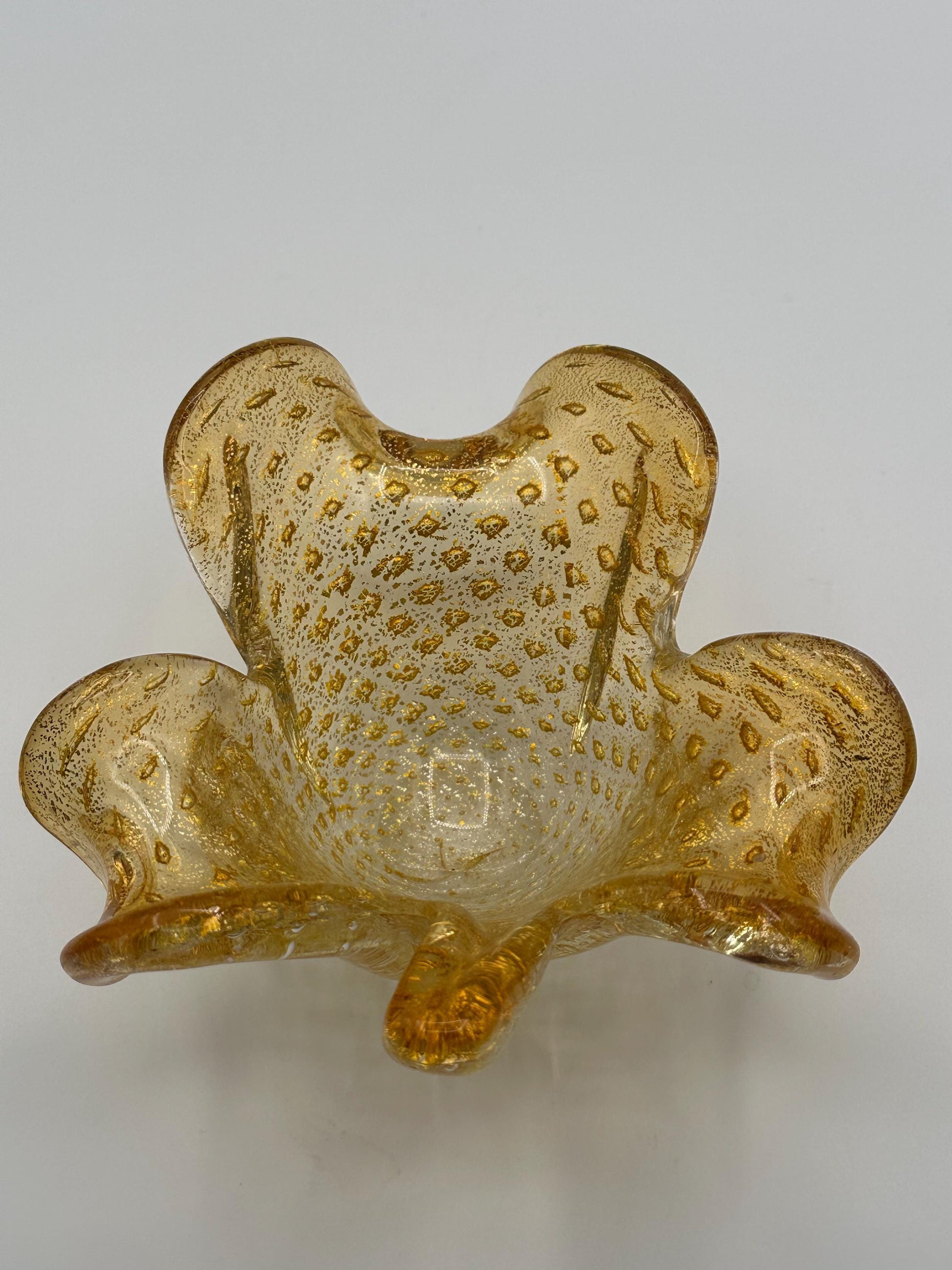 Gold Speckled Murano Glass Bowl with Shamrock Three Leaf Design - Vintage Italian Art Centerpiece