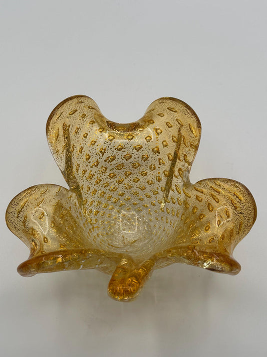 Gold Speckled Murano Glass Bowl with Shamrock Three Leaf Design - Vintage Italian Art Centerpiece