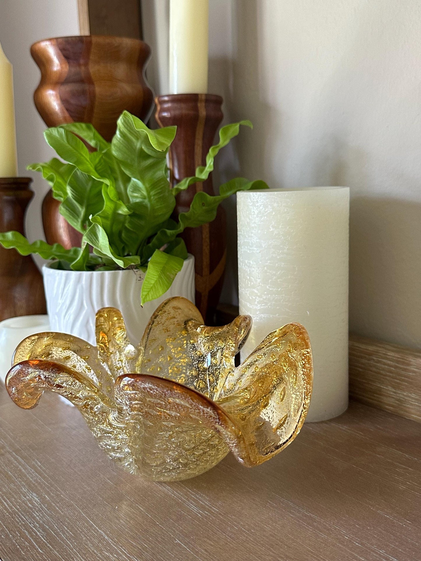 Gold Speckled Murano Glass Bowl with Shamrock Three Leaf Design - Vintage Italian Art Centerpiece