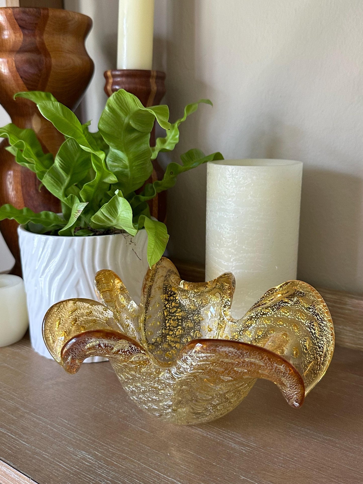 Gold Speckled Murano Glass Bowl with Shamrock Three Leaf Design - Vintage Italian Art Centerpiece