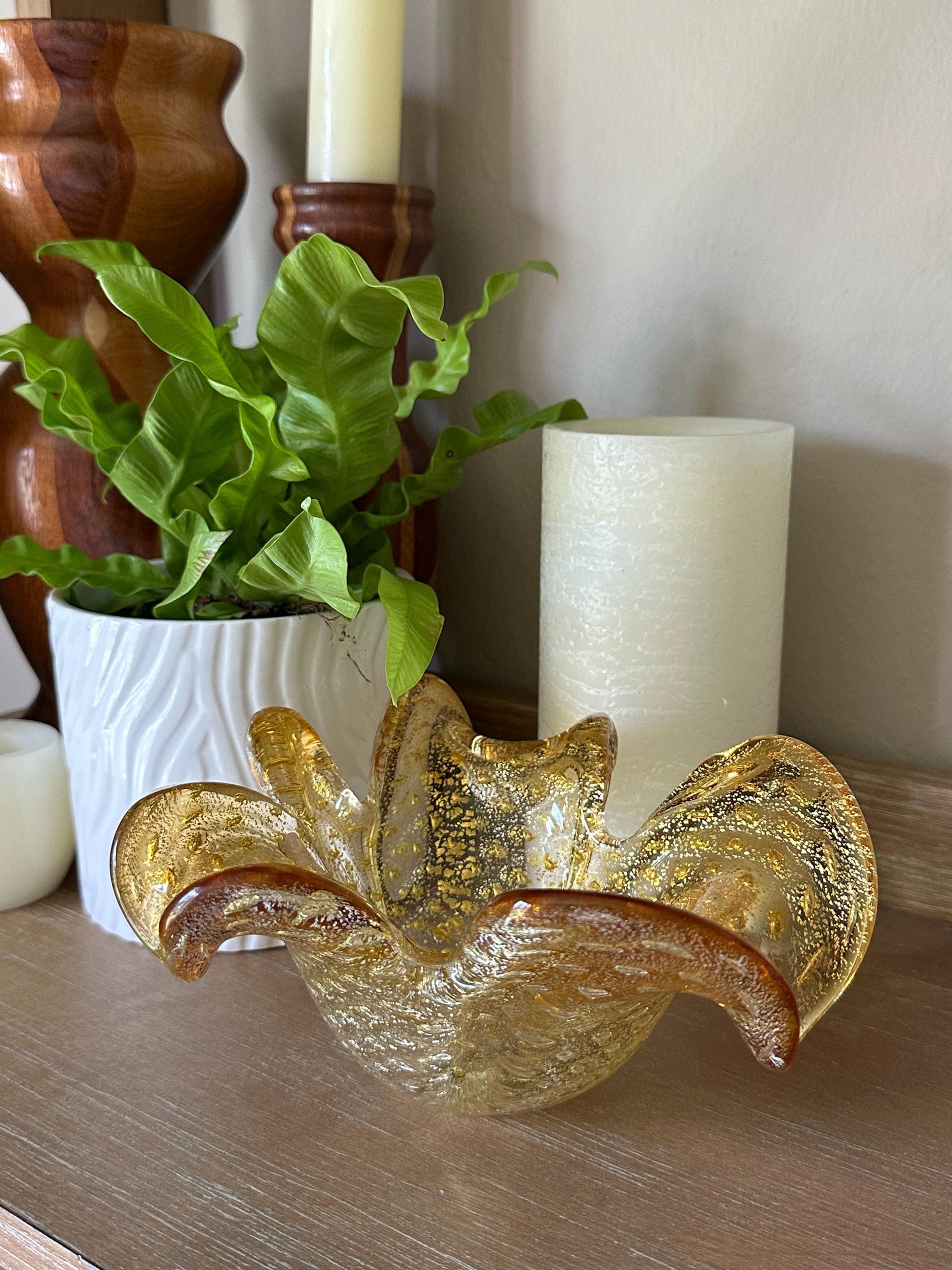 Gold Speckled Murano Glass Bowl with Shamrock Three Leaf Design - Vintage Italian Art Centerpiece