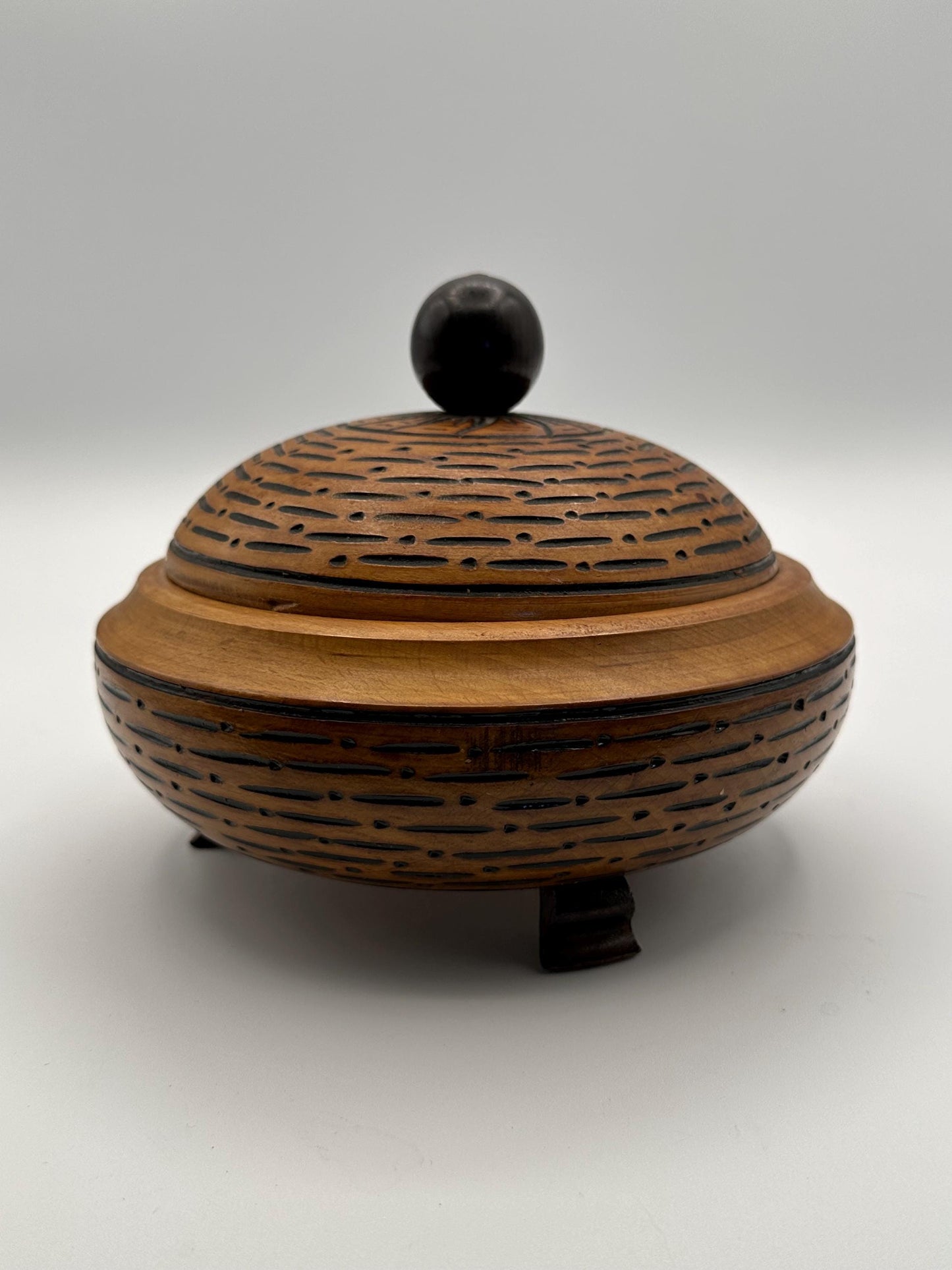 Vintage Mid-Century Modern Hand-Carved Wooden Lidded Box Three-Footed Tribal Style Container