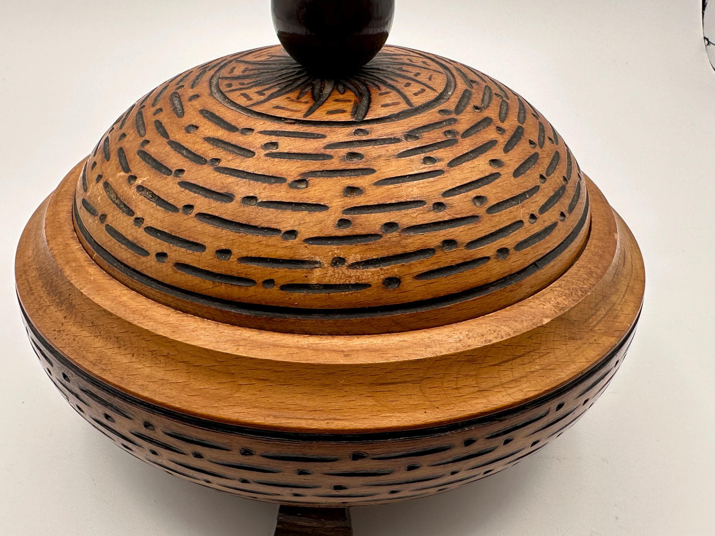 Vintage Mid-Century Modern Hand-Carved Wooden Lidded Box Three-Footed Tribal Style Container