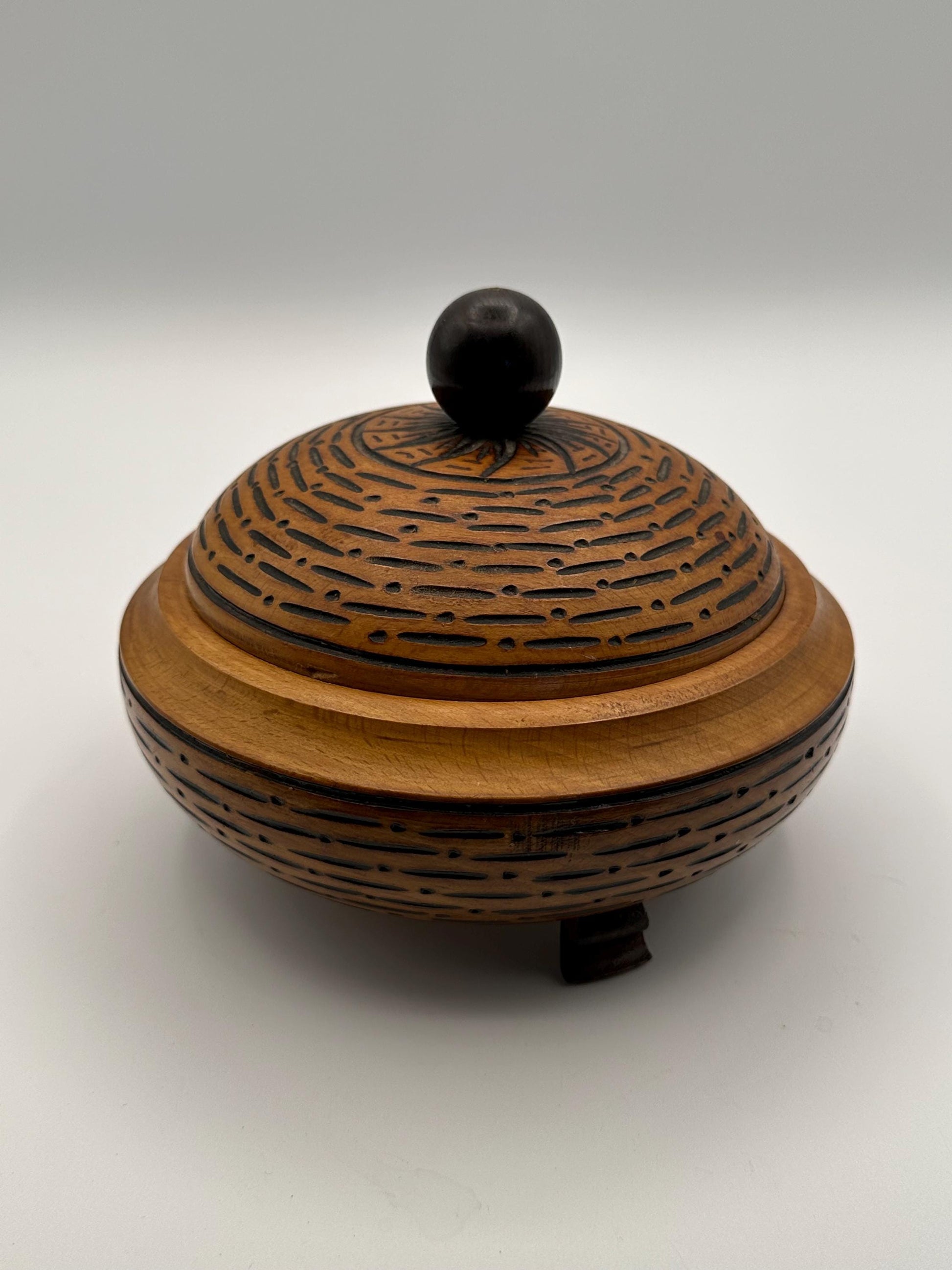 Vintage Mid-Century Modern Hand-Carved Wooden Lidded Box Three-Footed Tribal Style Container