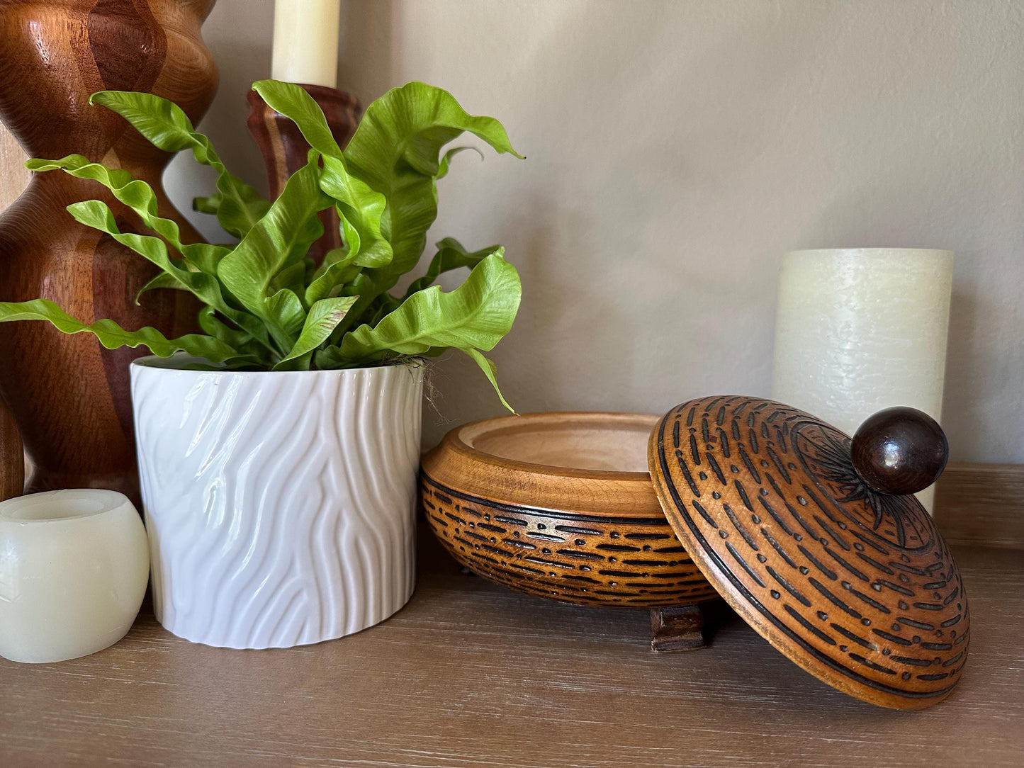 Vintage Mid-Century Modern Hand-Carved Wooden Lidded Box Three-Footed Tribal Style Container