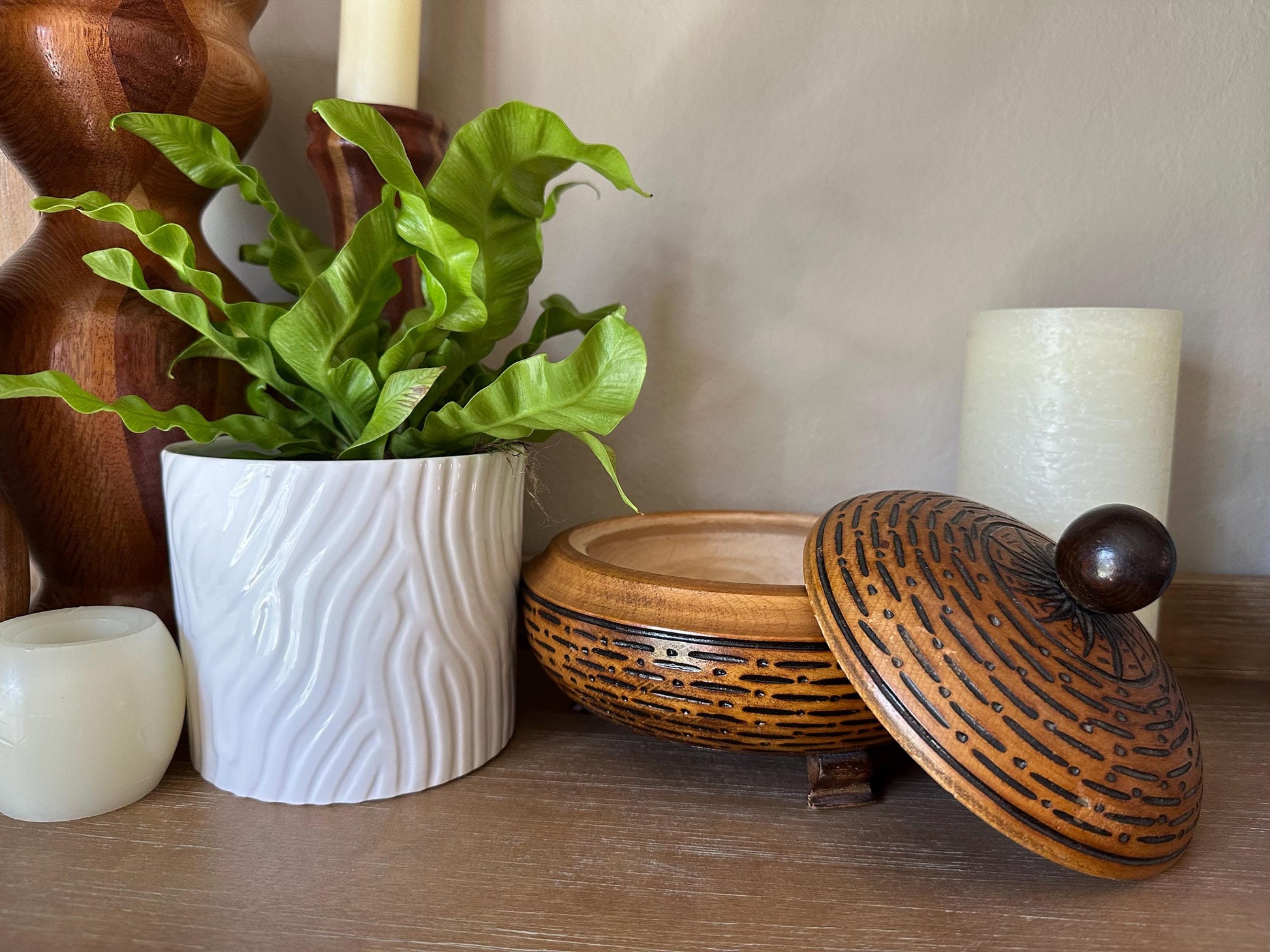 Vintage Mid-Century Modern Hand-Carved Wooden Lidded Box Three-Footed Tribal Style Container