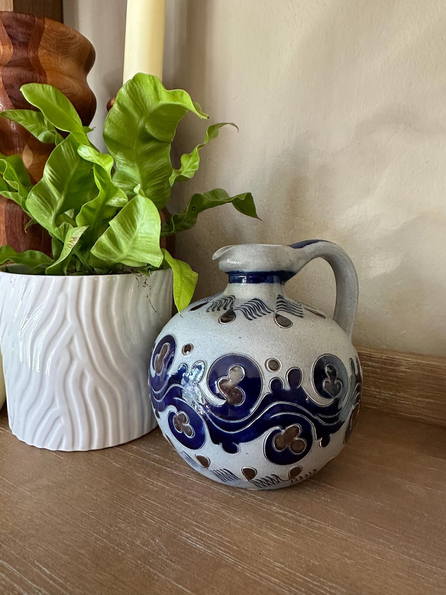 Antique M. Schilz German Westerwald Stoneware Jug - Handcrafted Salt Glazed Pottery with Cobalt Blue Decor