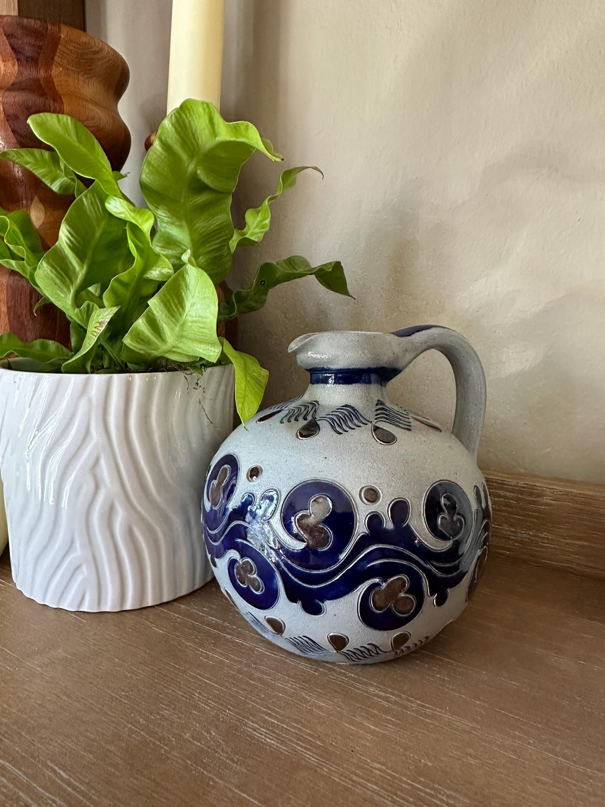 Antique M. Schilz German Westerwald Stoneware Jug - Handcrafted Salt Glazed Pottery with Cobalt Blue Decor