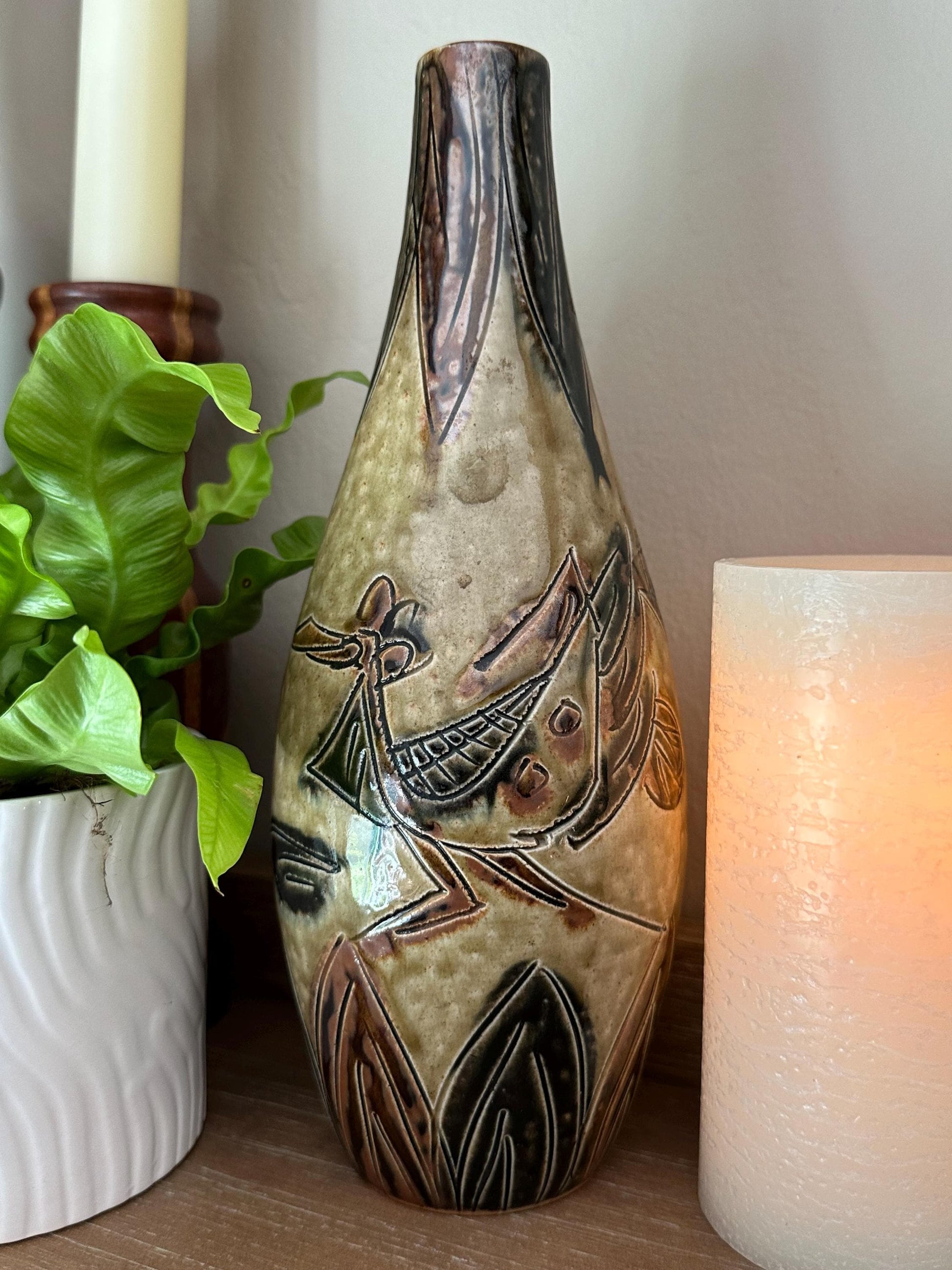Vintage Otagiri OMC Japan Pottery Vase Abstract Bird Flower Design Earthtone Ceramic Decor