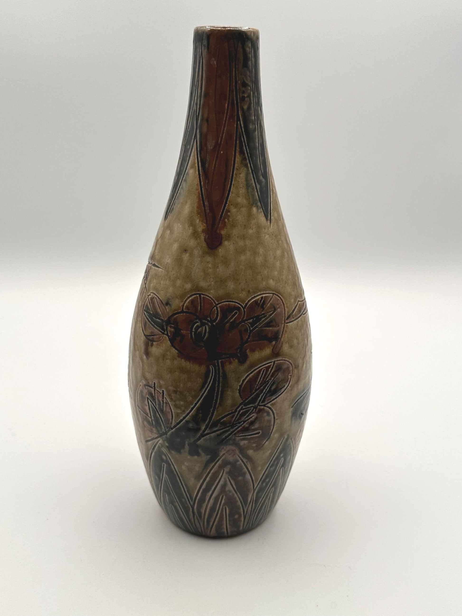 Vintage Otagiri OMC Japan Pottery Vase Abstract Bird Flower Design Earthtone Ceramic Decor