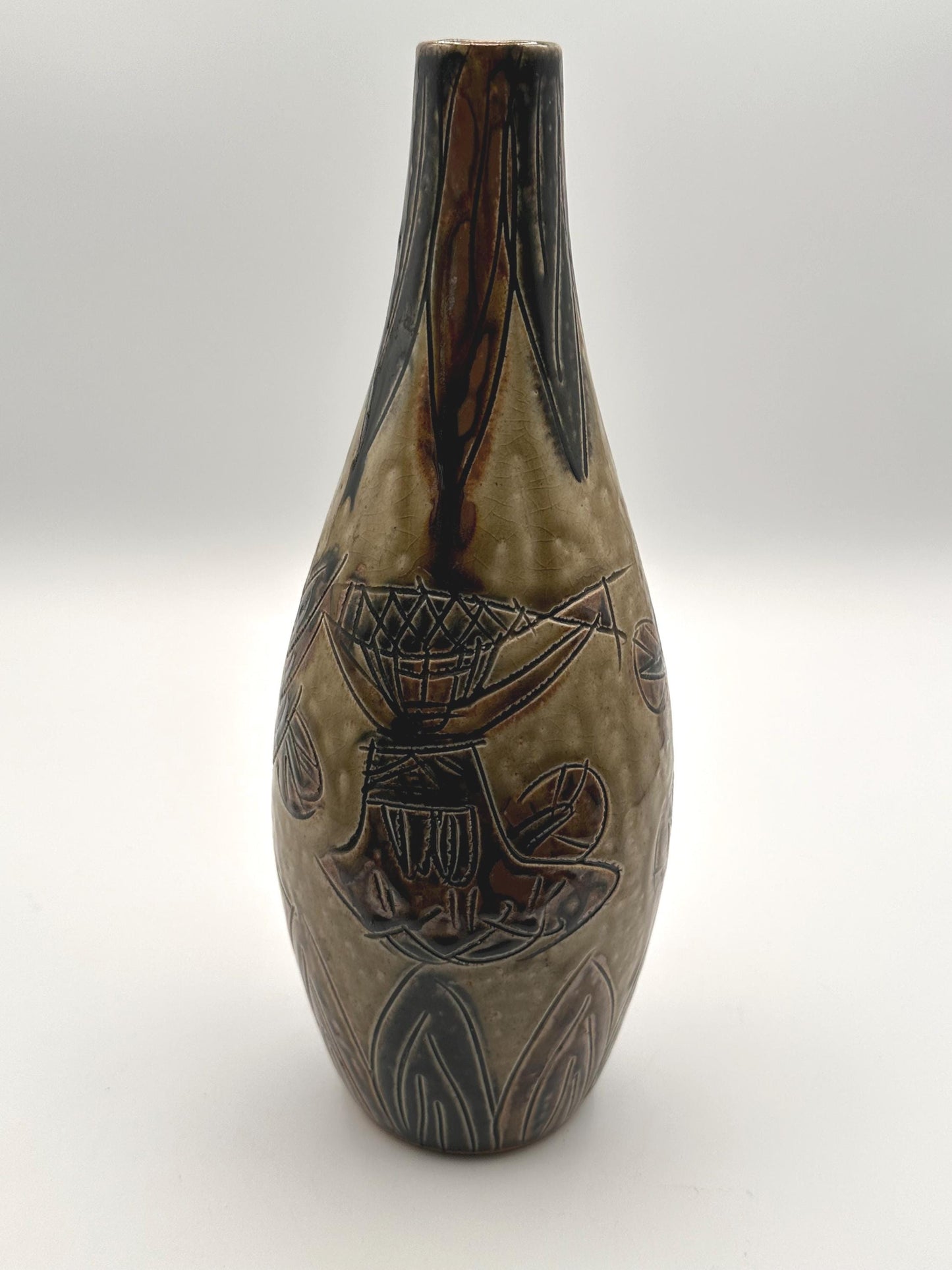Vintage Otagiri OMC Japan Pottery Vase Abstract Bird Flower Design Earthtone Ceramic Decor