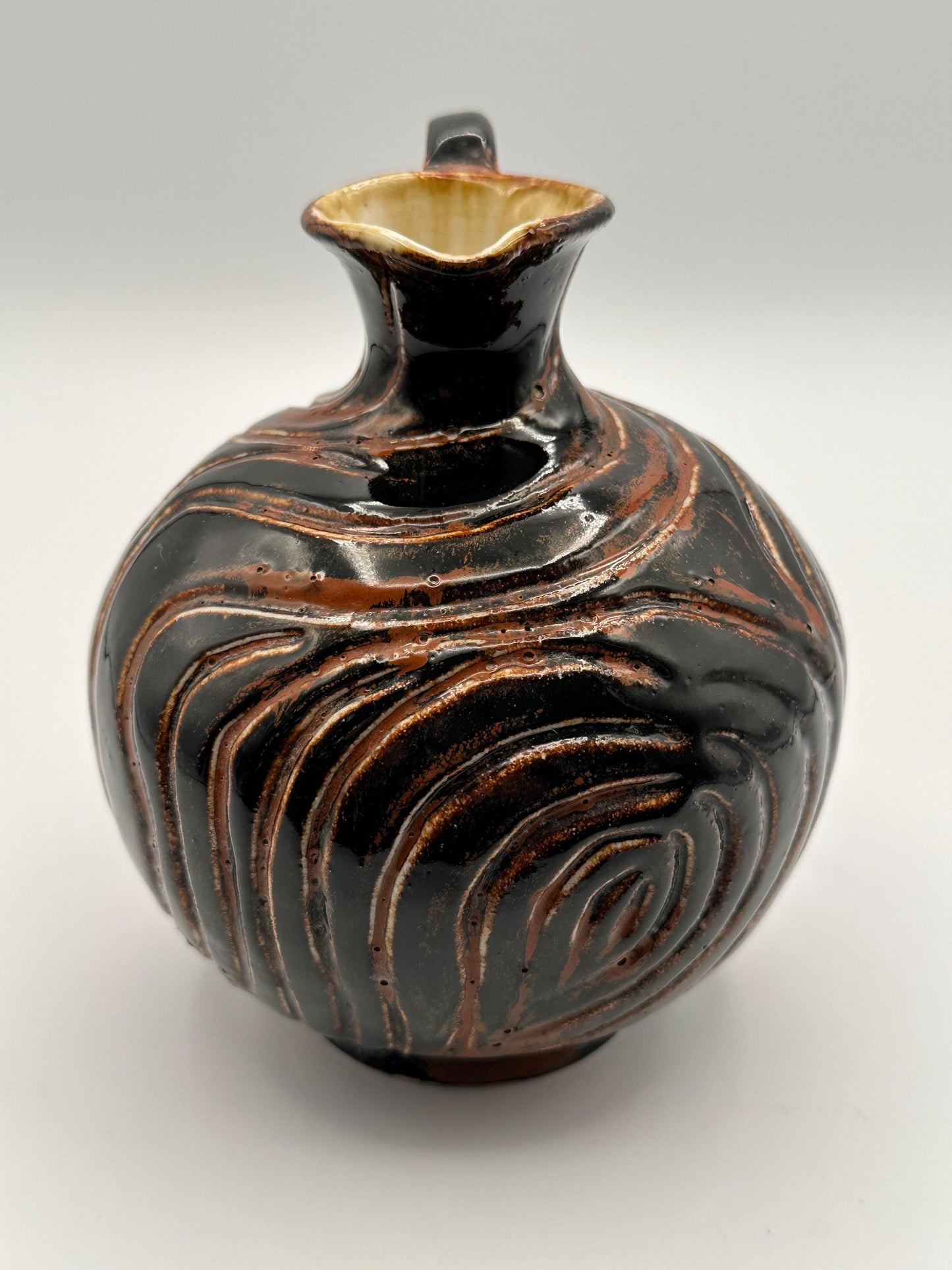 Handcrafted Studio Pottery Jug - Signed AEY Rustic MCM Brown Black Swirl Glaze Pitcher