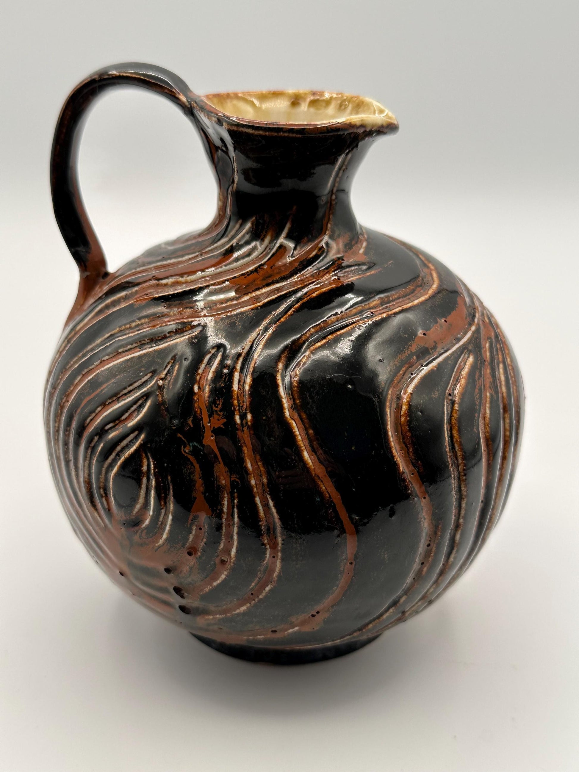 Handcrafted Studio Pottery Jug - Signed AEY Rustic MCM Brown Black Swirl Glaze Pitcher