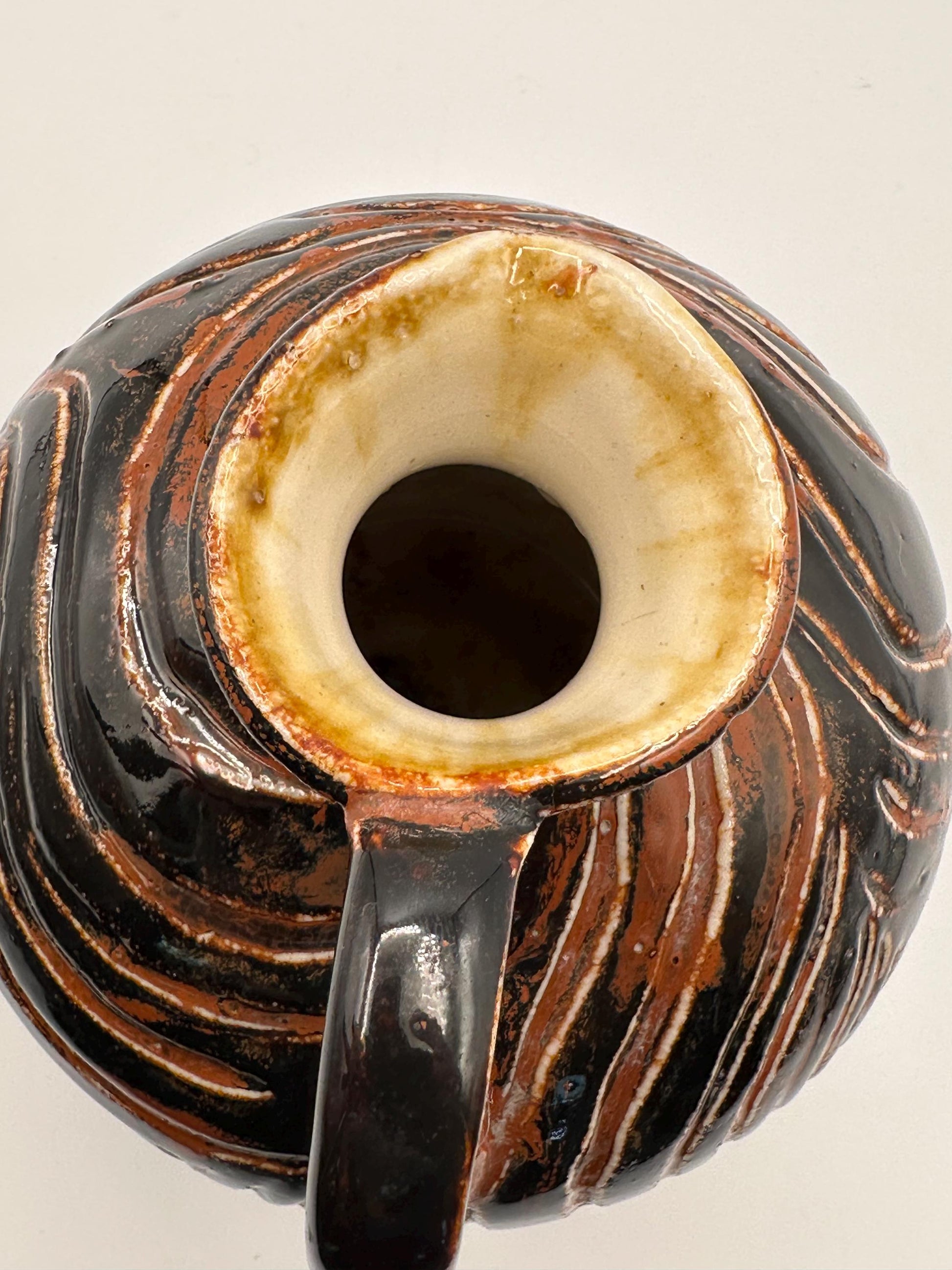 Handcrafted Studio Pottery Jug - Signed AEY Rustic MCM Brown Black Swirl Glaze Pitcher