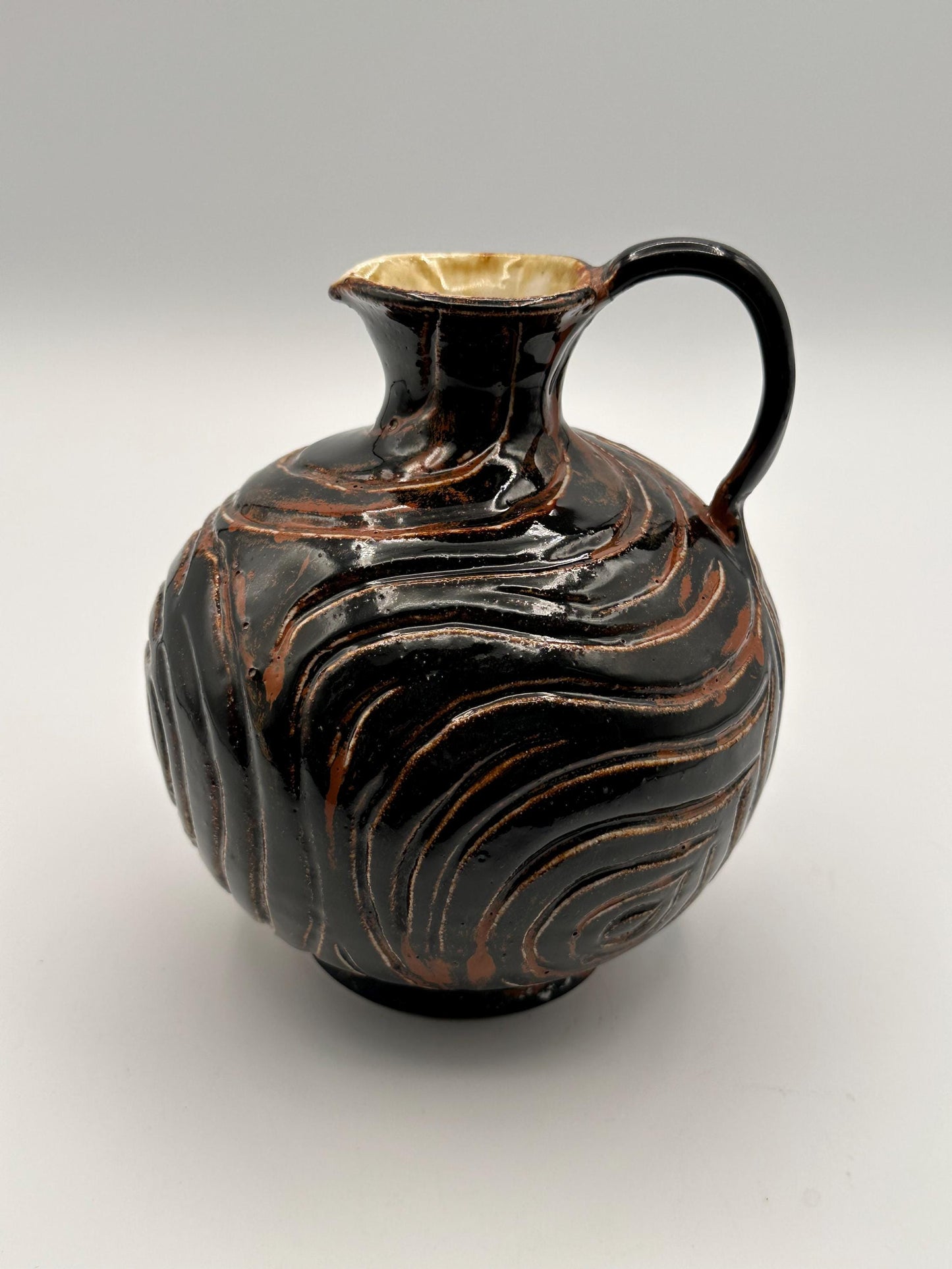 Handcrafted Studio Pottery Jug - Signed AEY Rustic MCM Brown Black Swirl Glaze Pitcher