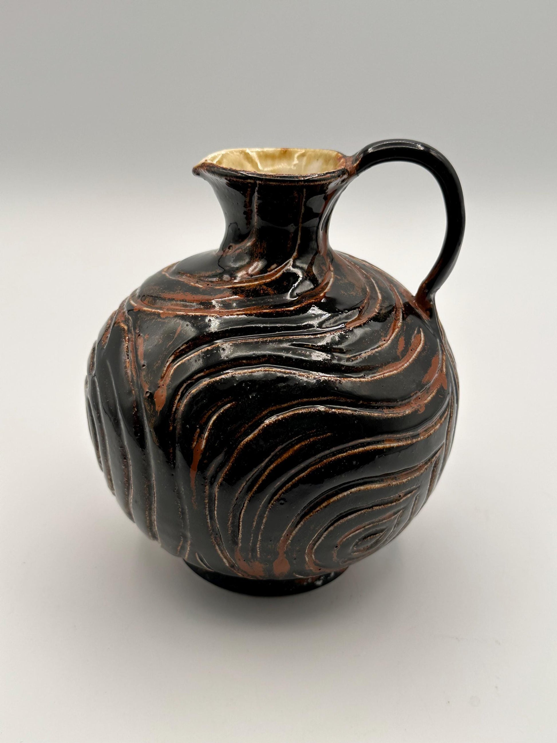 Handcrafted Studio Pottery Jug - Signed AEY Rustic MCM Brown Black Swirl Glaze Pitcher