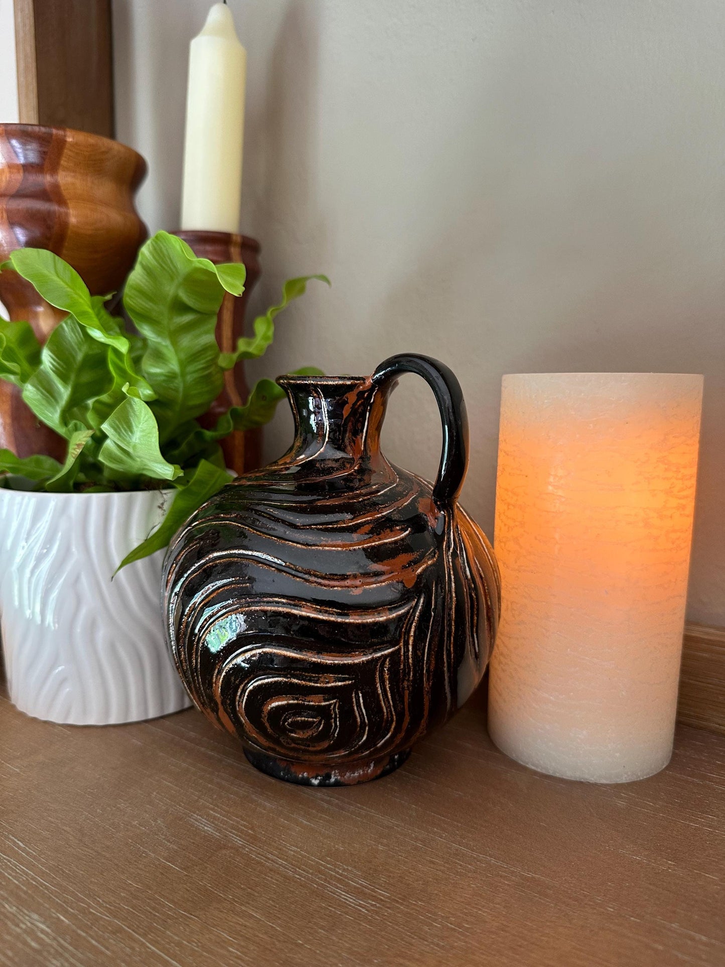 Handcrafted Studio Pottery Jug - Signed AEY Rustic MCM Brown Black Swirl Glaze Pitcher
