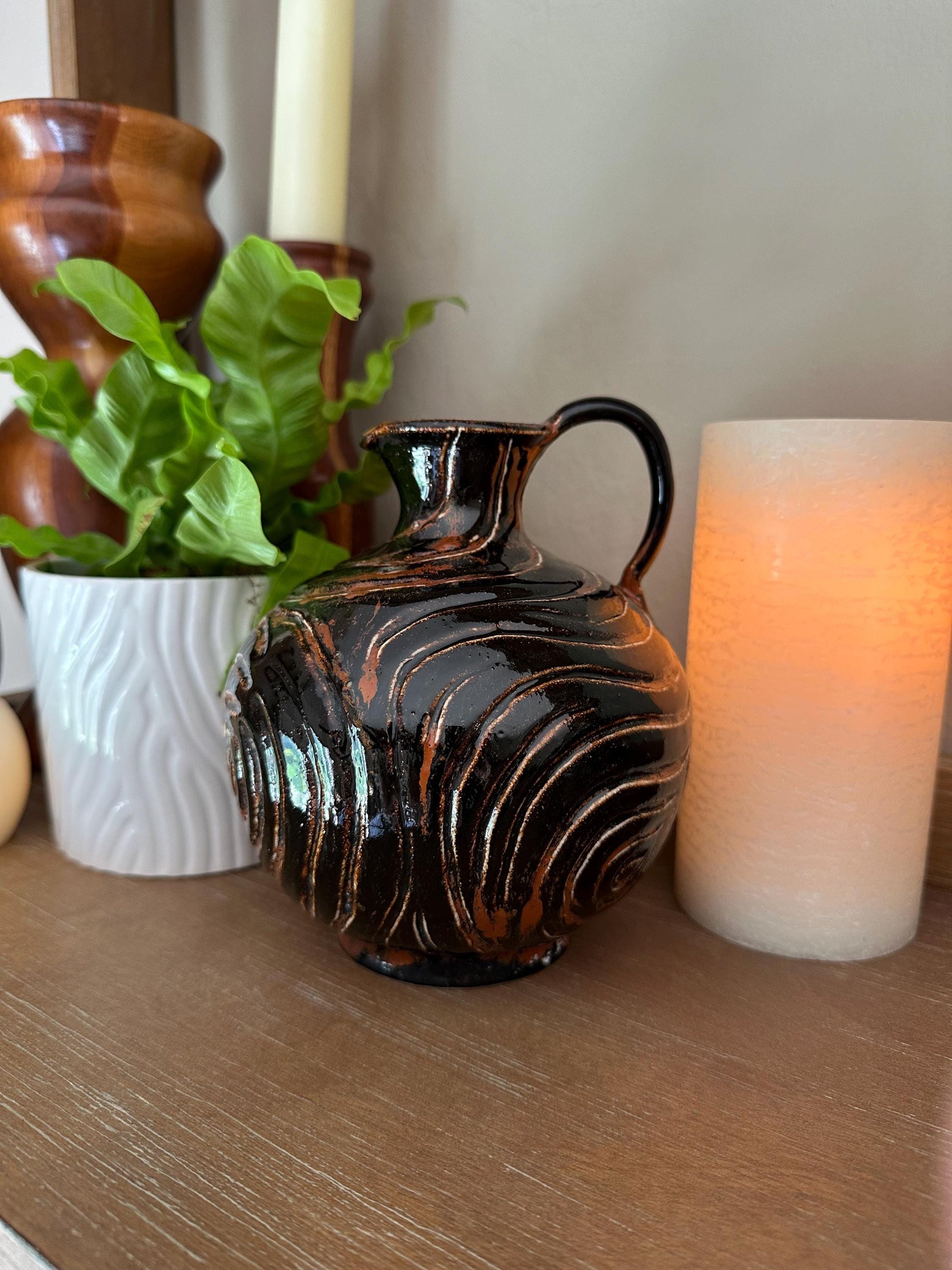 Handcrafted Studio Pottery Jug - Signed AEY Rustic MCM Brown Black Swirl Glaze Pitcher