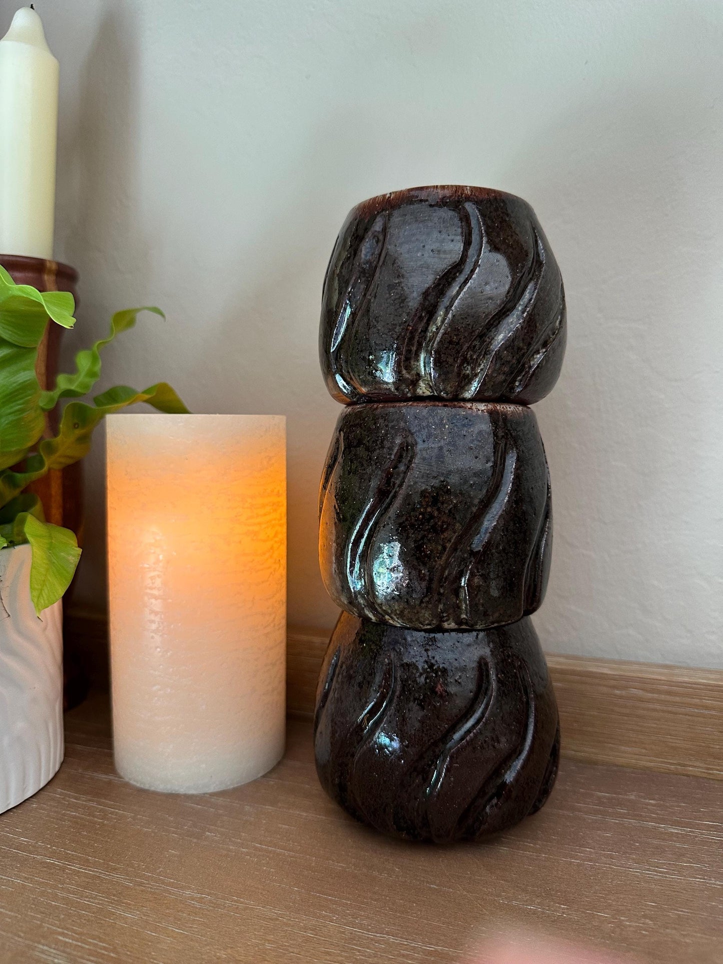 Rustic Handmade Pottery Tea Cups - Brown Black Glazed Ceramic Bowls Studio Art Vessel Set of 3