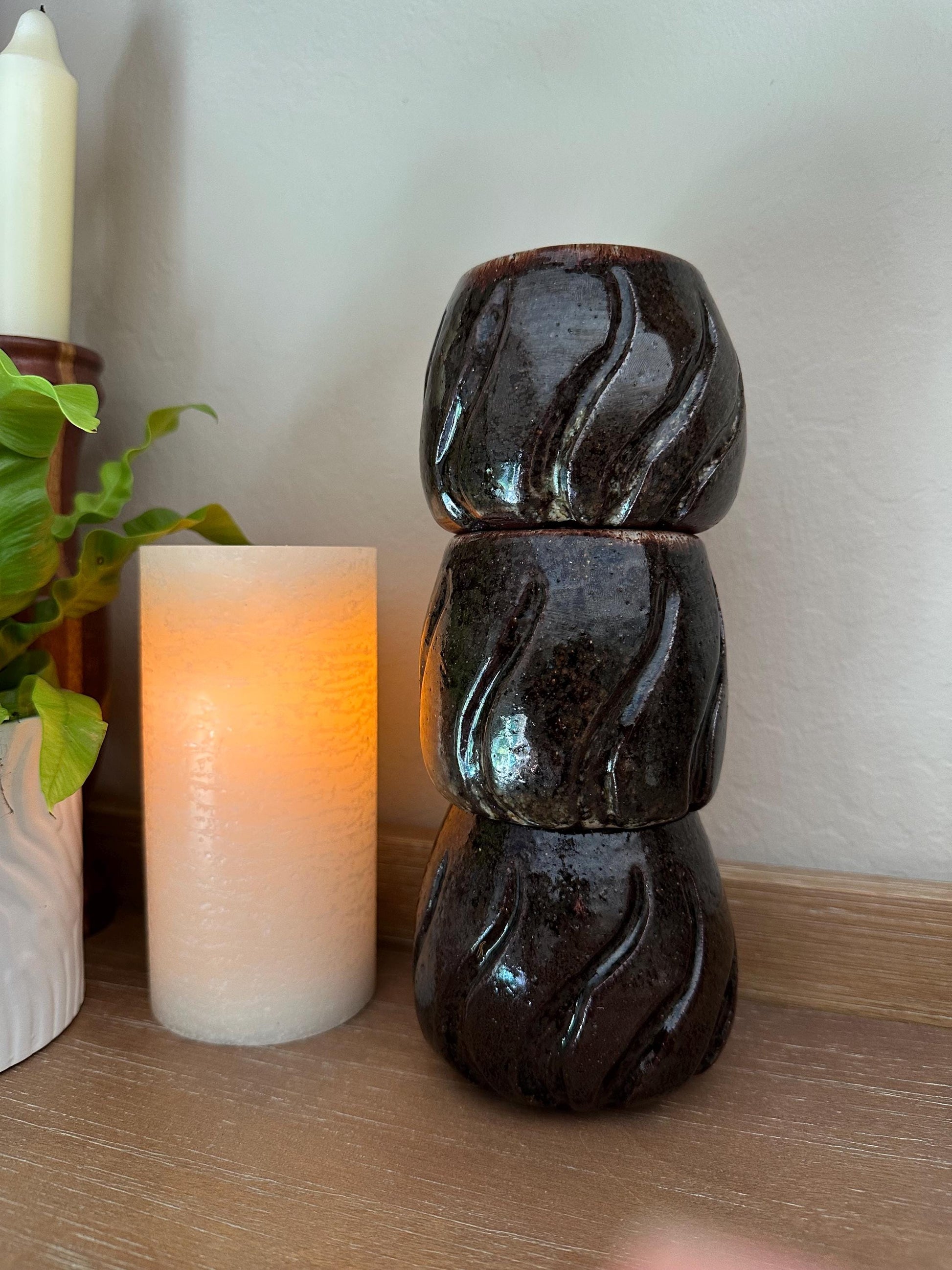 Rustic Handmade Pottery Tea Cups - Brown Black Glazed Ceramic Bowls Studio Art Vessel Set of 3