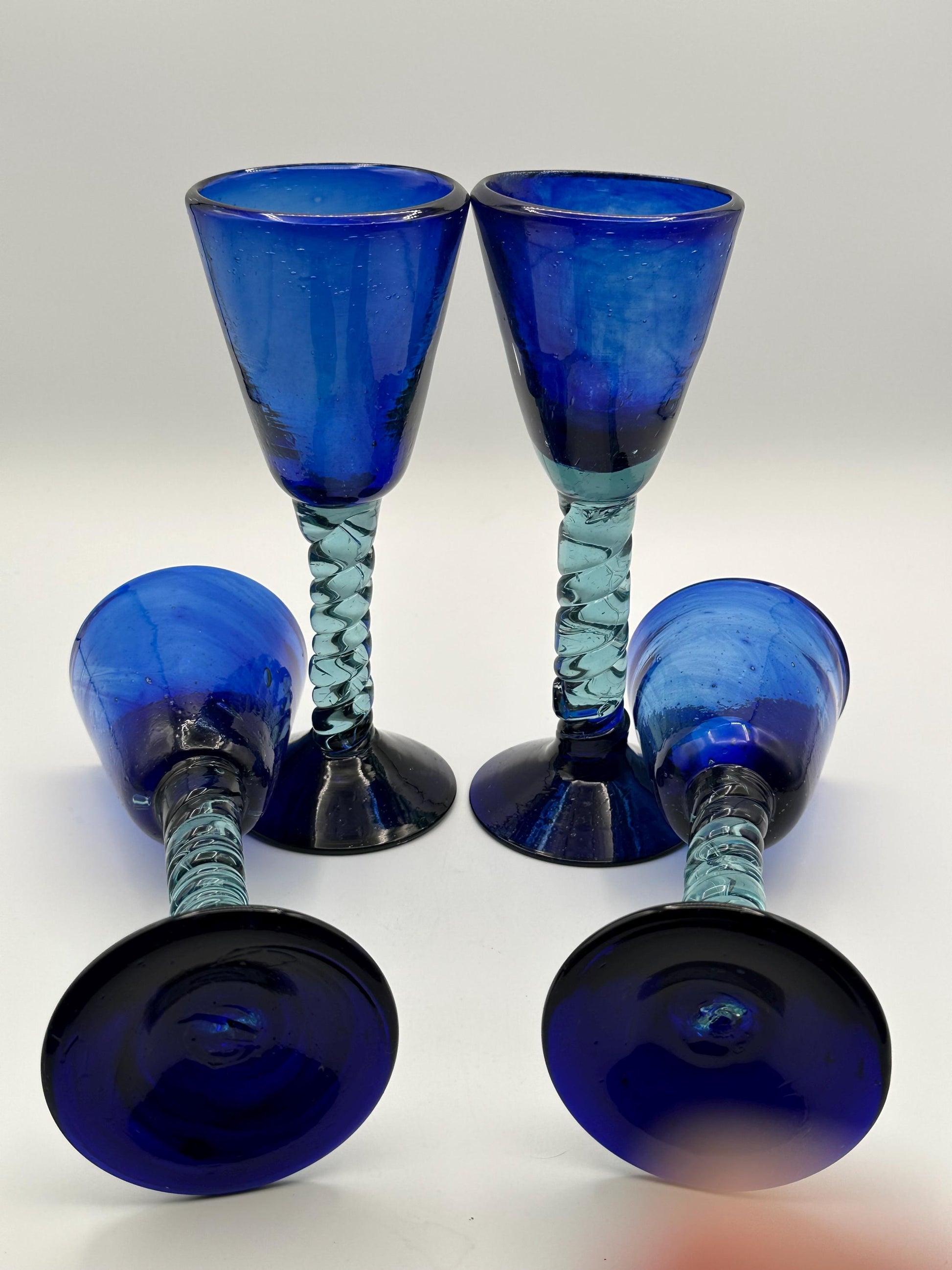 Vintage Cobalt Blue Mexican Hand-Blown Twisted Stem Wine Goblets - Set of 4 Mid-Century Barware Glasses