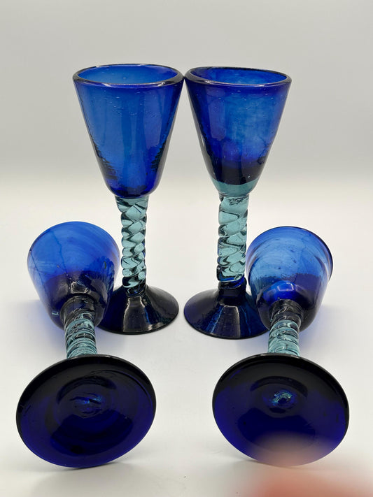 Vintage Cobalt Blue Mexican Hand-Blown Twisted Stem Wine Goblets - Set of 4 Mid-Century Barware Glasses