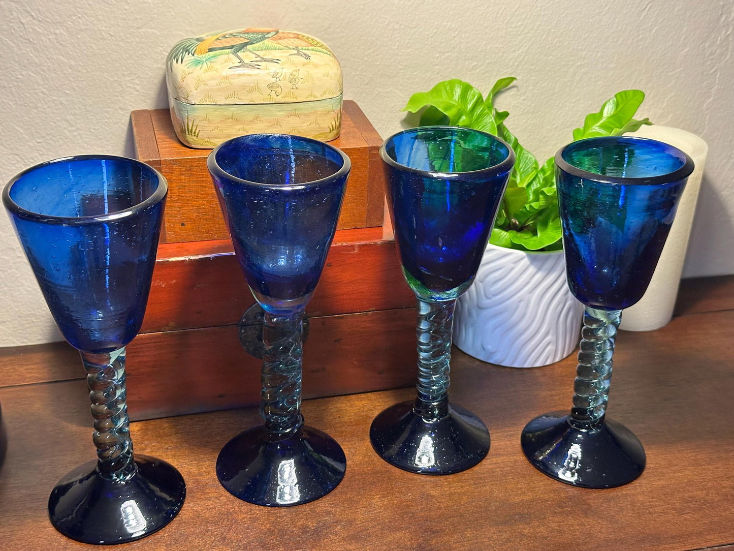 Vintage Cobalt Blue Mexican Hand-Blown Twisted Stem Wine Goblets - Set of 4 Mid-Century Barware Glasses