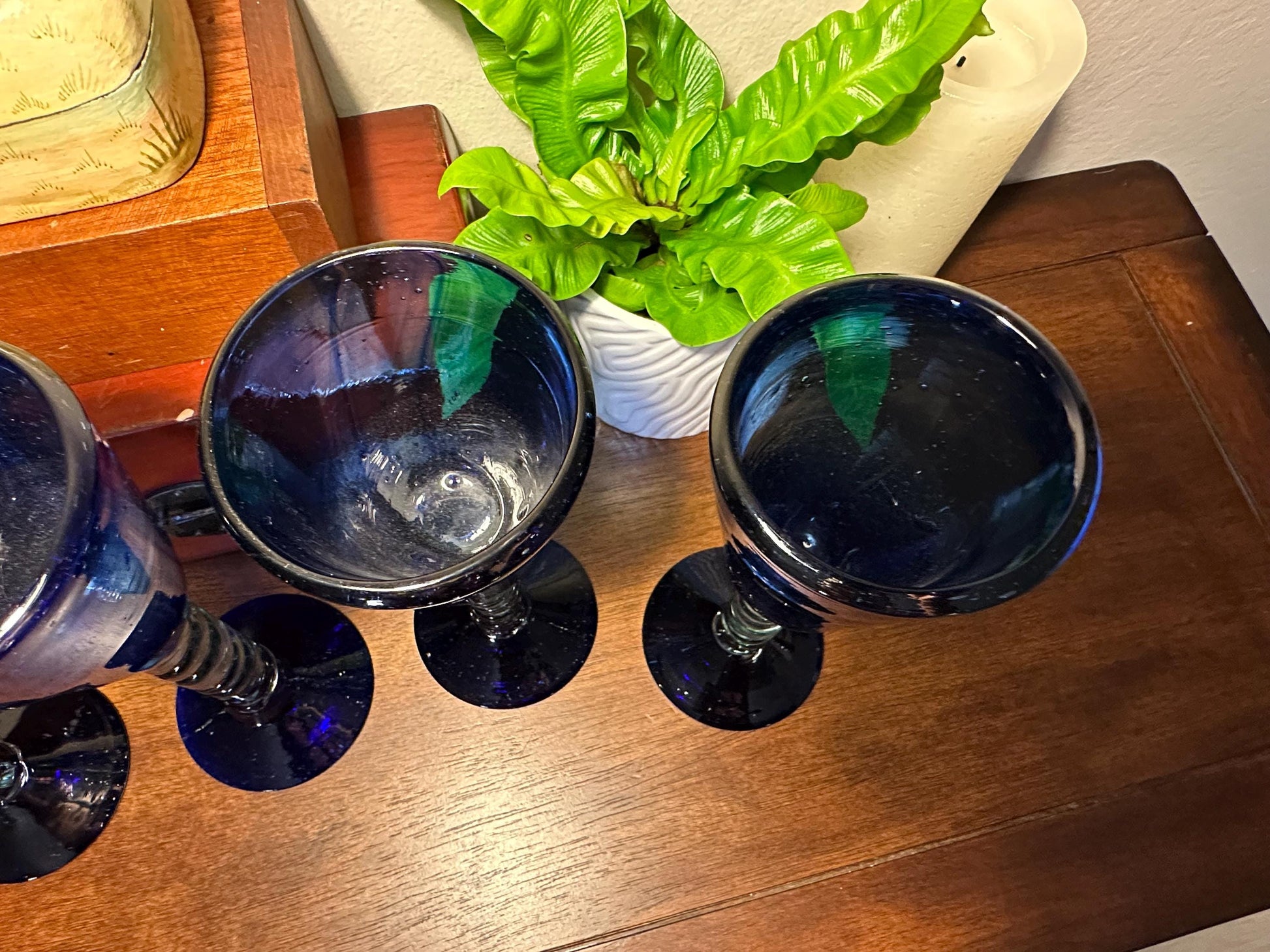 Vintage Cobalt Blue Mexican Hand-Blown Twisted Stem Wine Goblets - Set of 4 Mid-Century Barware Glasses