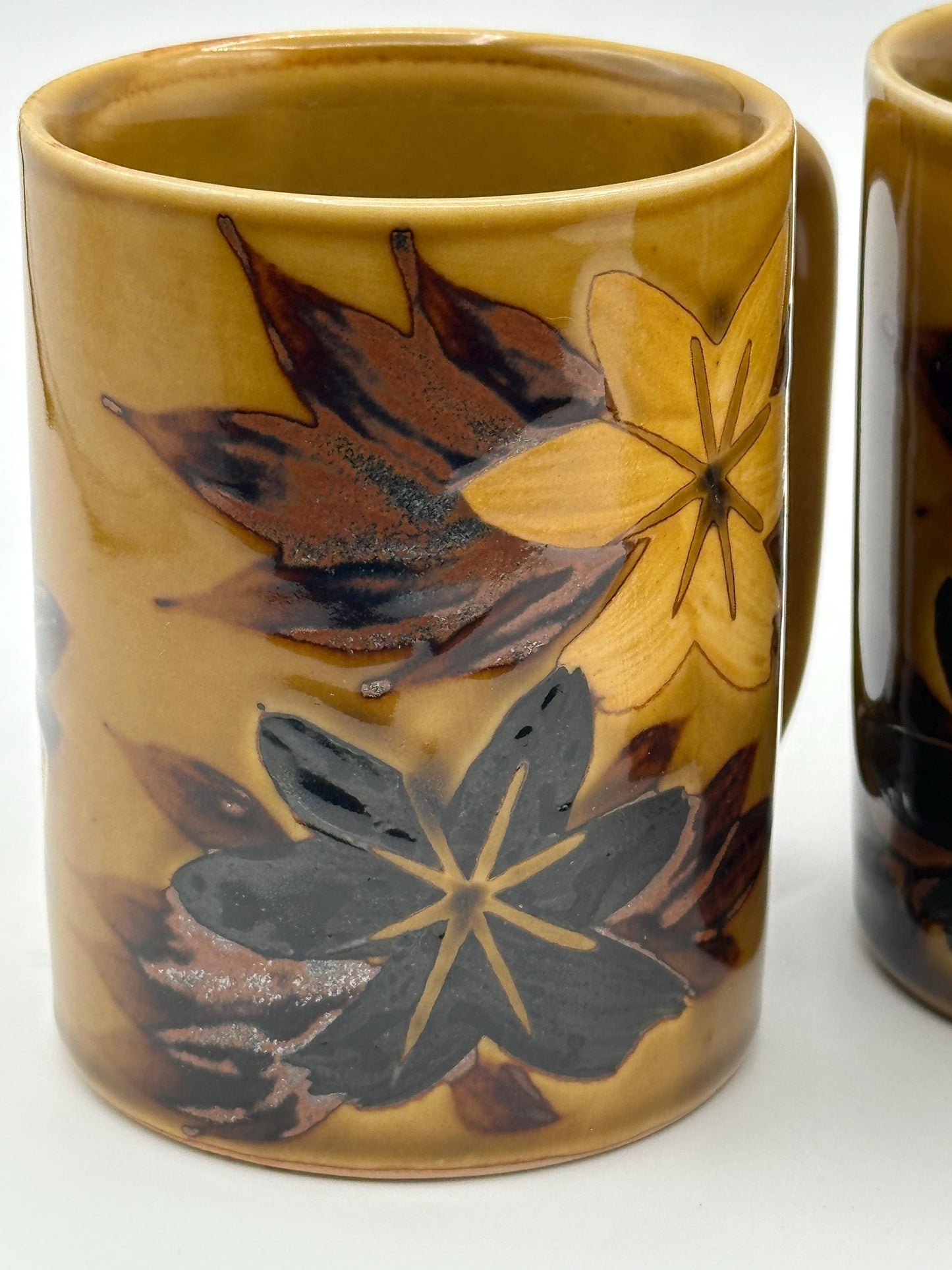 Vintage Stoneware Mug Set of 3 Gold Tan Brown Yellow Flower Leaf Design Otagiri Style Mid Century Modern Pottery