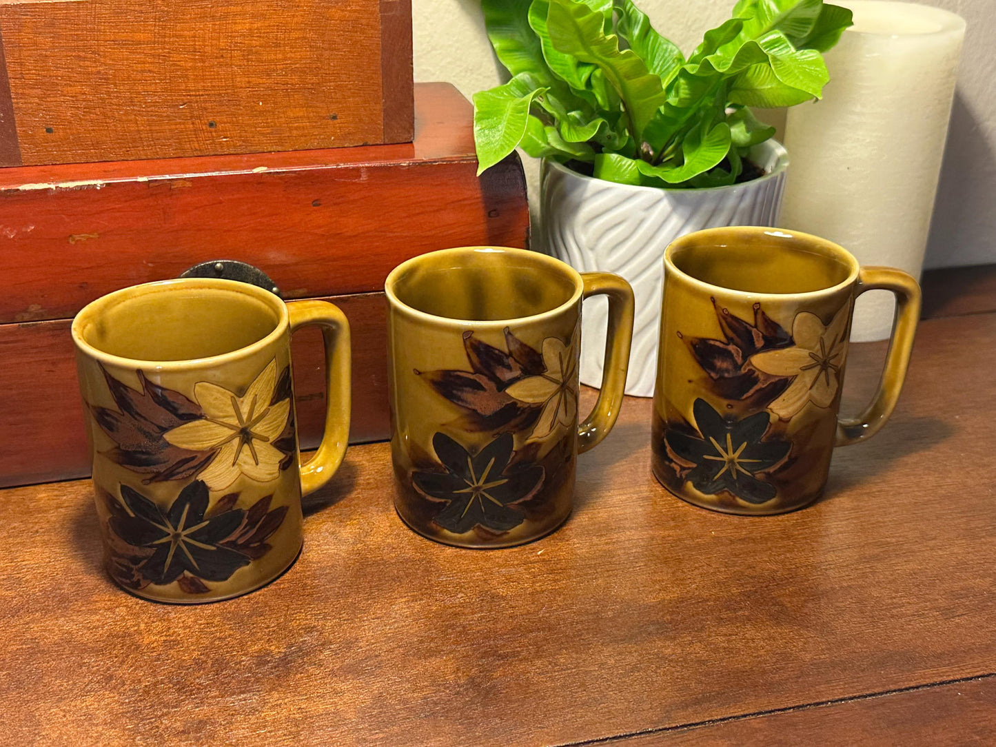 Vintage Stoneware Mug Set of 3 Gold Tan Brown Yellow Flower Leaf Design Otagiri Style Mid Century Modern Pottery