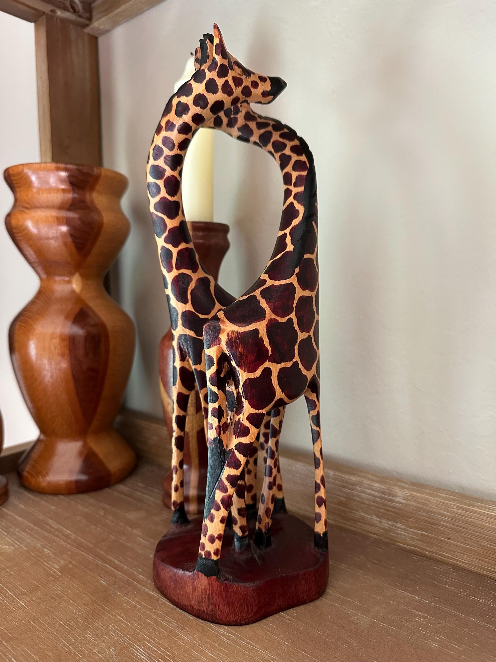 African Giraffe Harmony Hand Carved Painted Wood Sculpture Art Figurine Safari Decor Collectible Gift