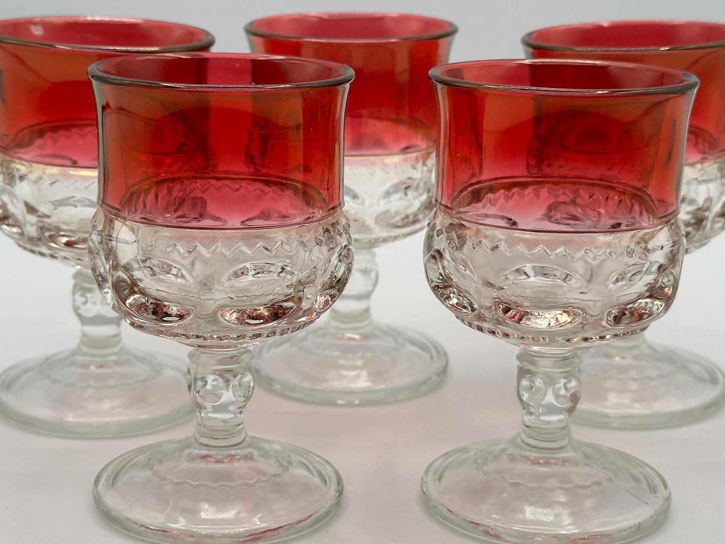 Vintage Ruby Kings Crown Water Goblets Glasses Set of 5 Red Depression Glass Stemware Collection