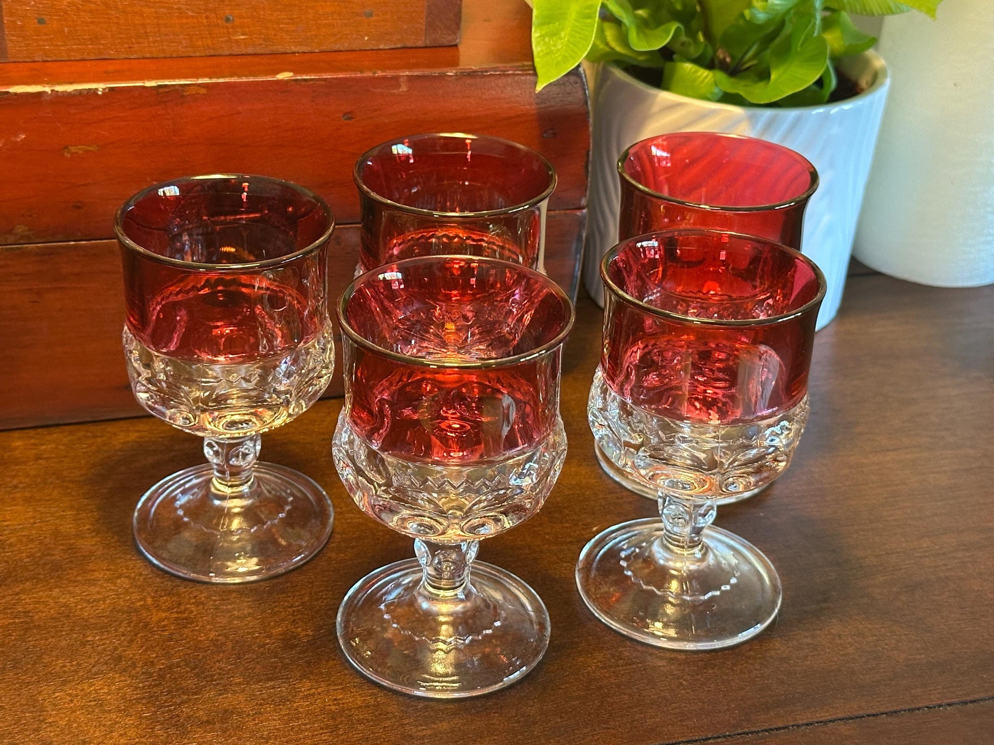 Vintage Ruby Kings Crown Water Goblets Glasses Set of 5 Red Depression Glass Stemware Collection