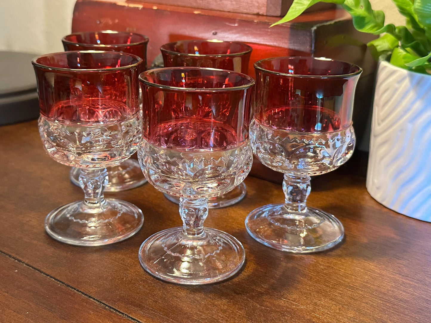 Vintage Ruby Kings Crown Water Goblets Glasses Set of 5 Red Depression Glass Stemware Collection