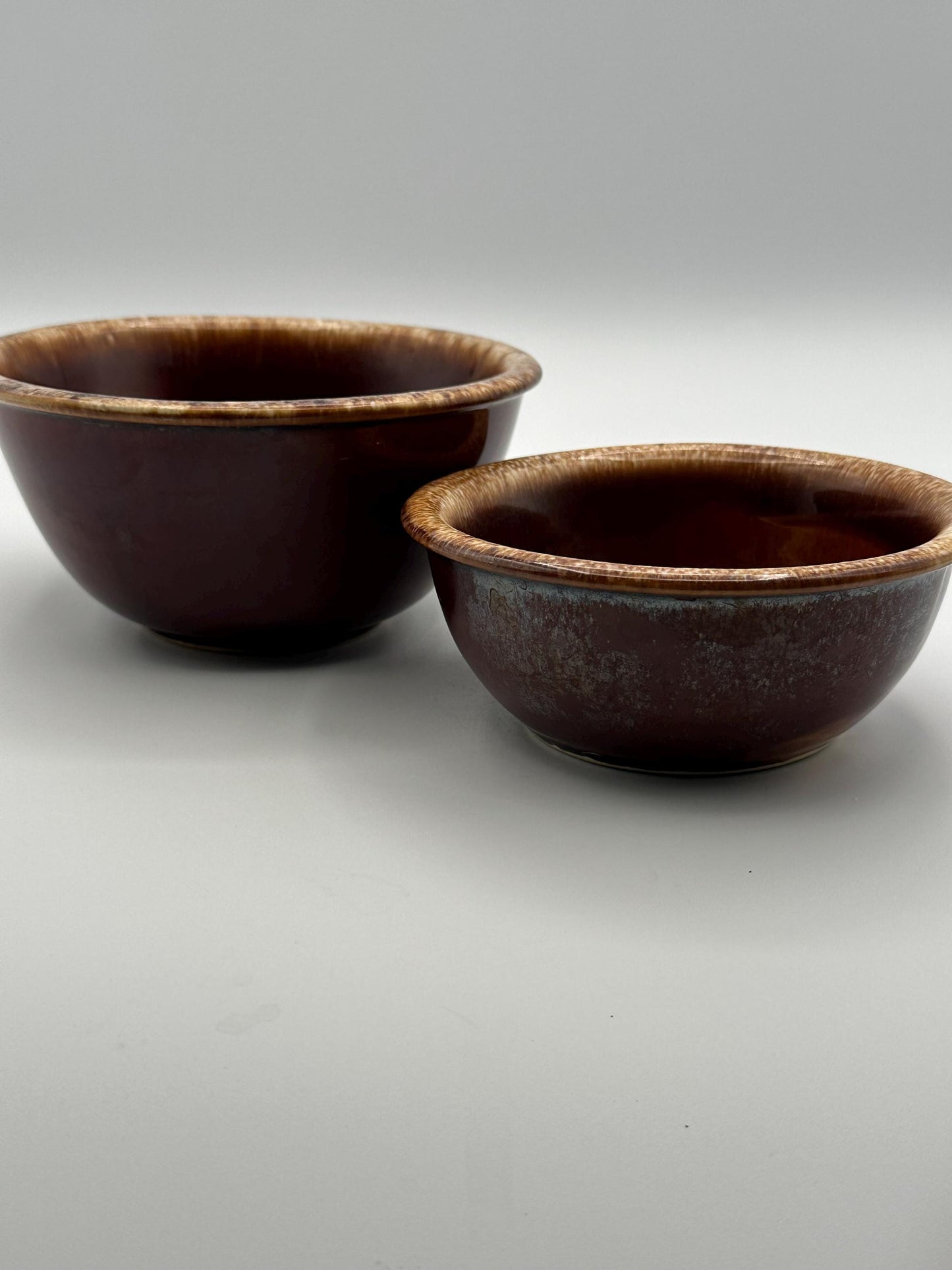 Hull Pottery Brown Drip Glaze Nesting Bowls Set of 2 Vintage Stoneware Kitchen Mixing